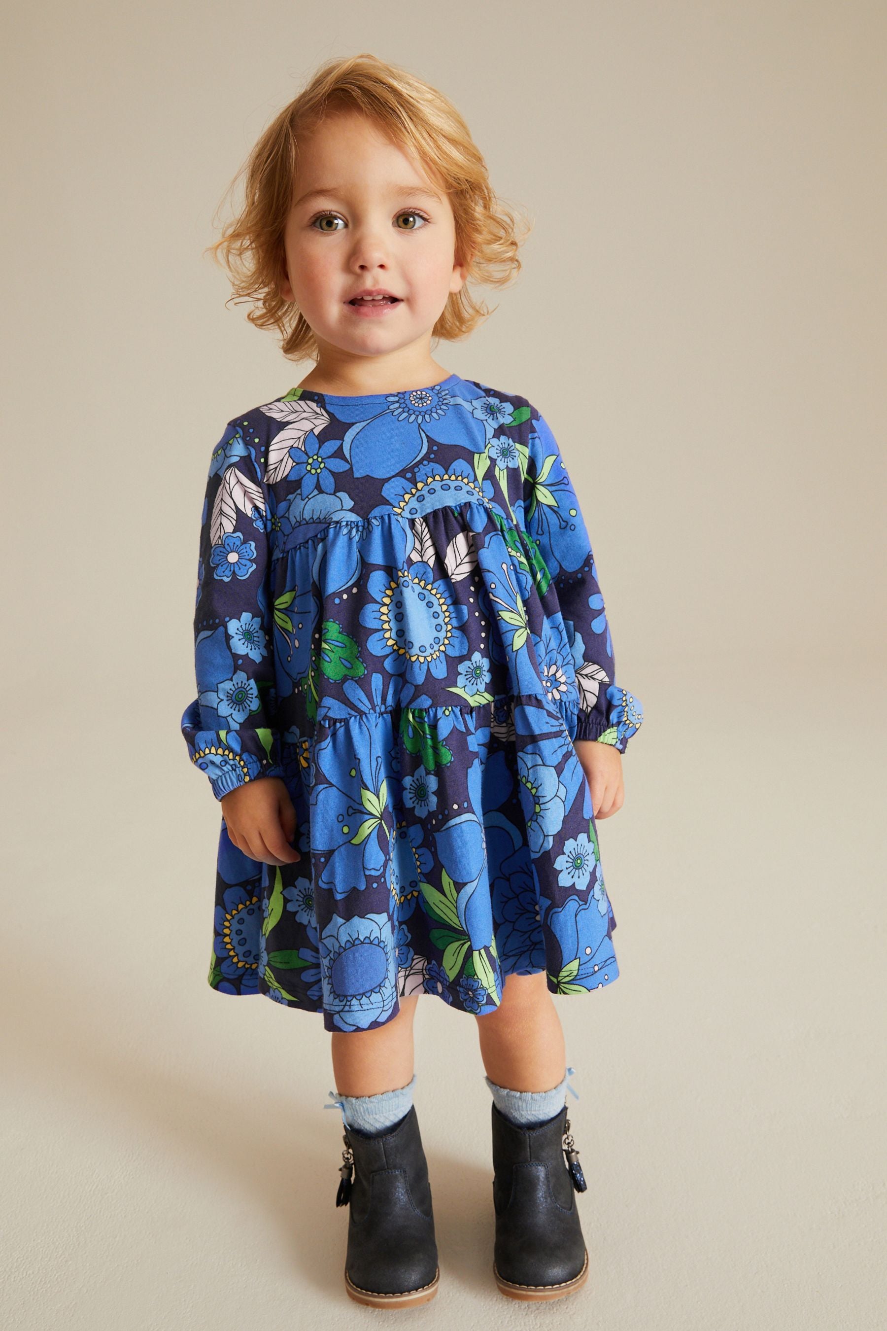 Bright Blue Floral Long Sleeve Jersey Dress (3mths-7yrs)