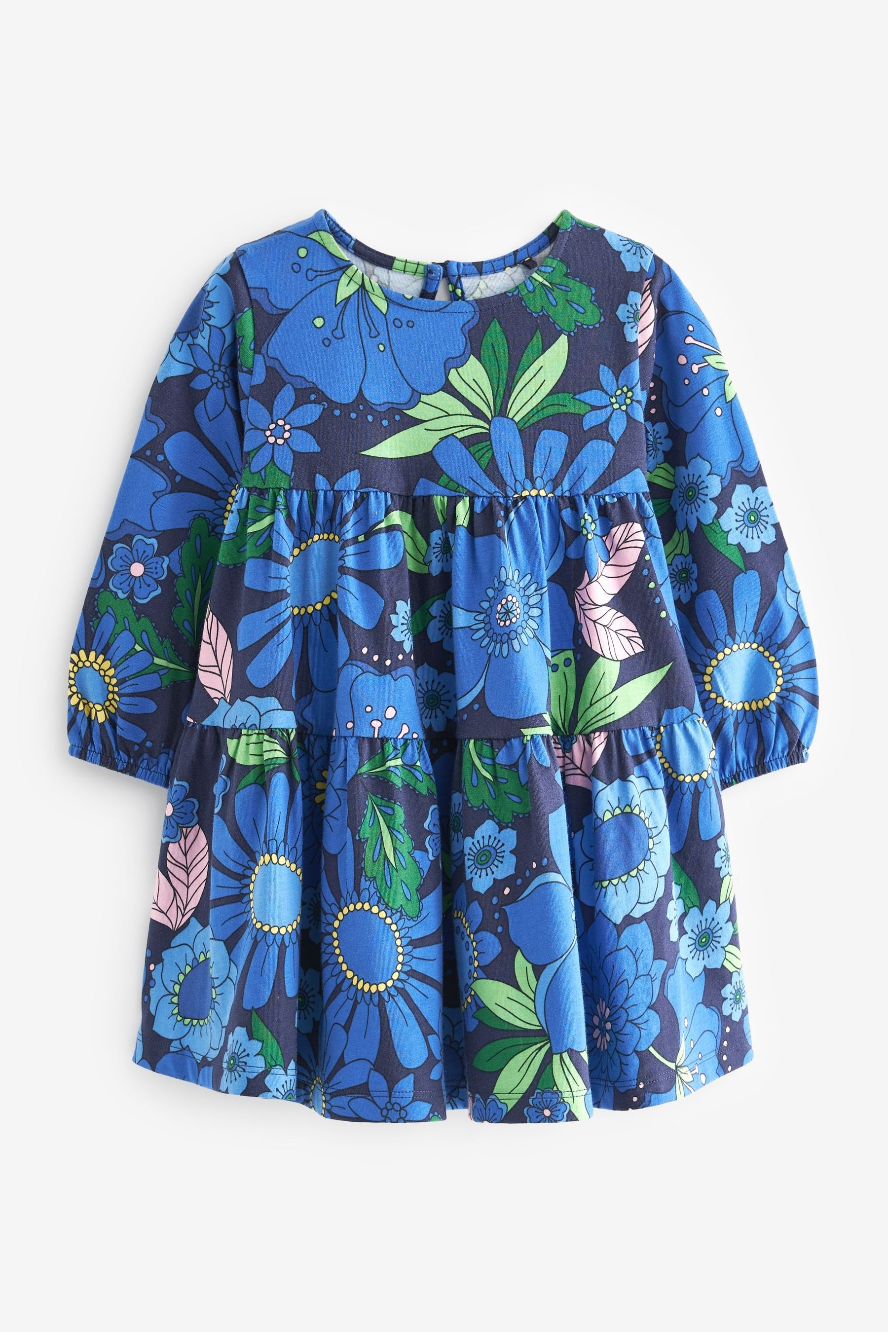 Bright Blue Floral Long Sleeve Jersey Dress (3mths-7yrs)