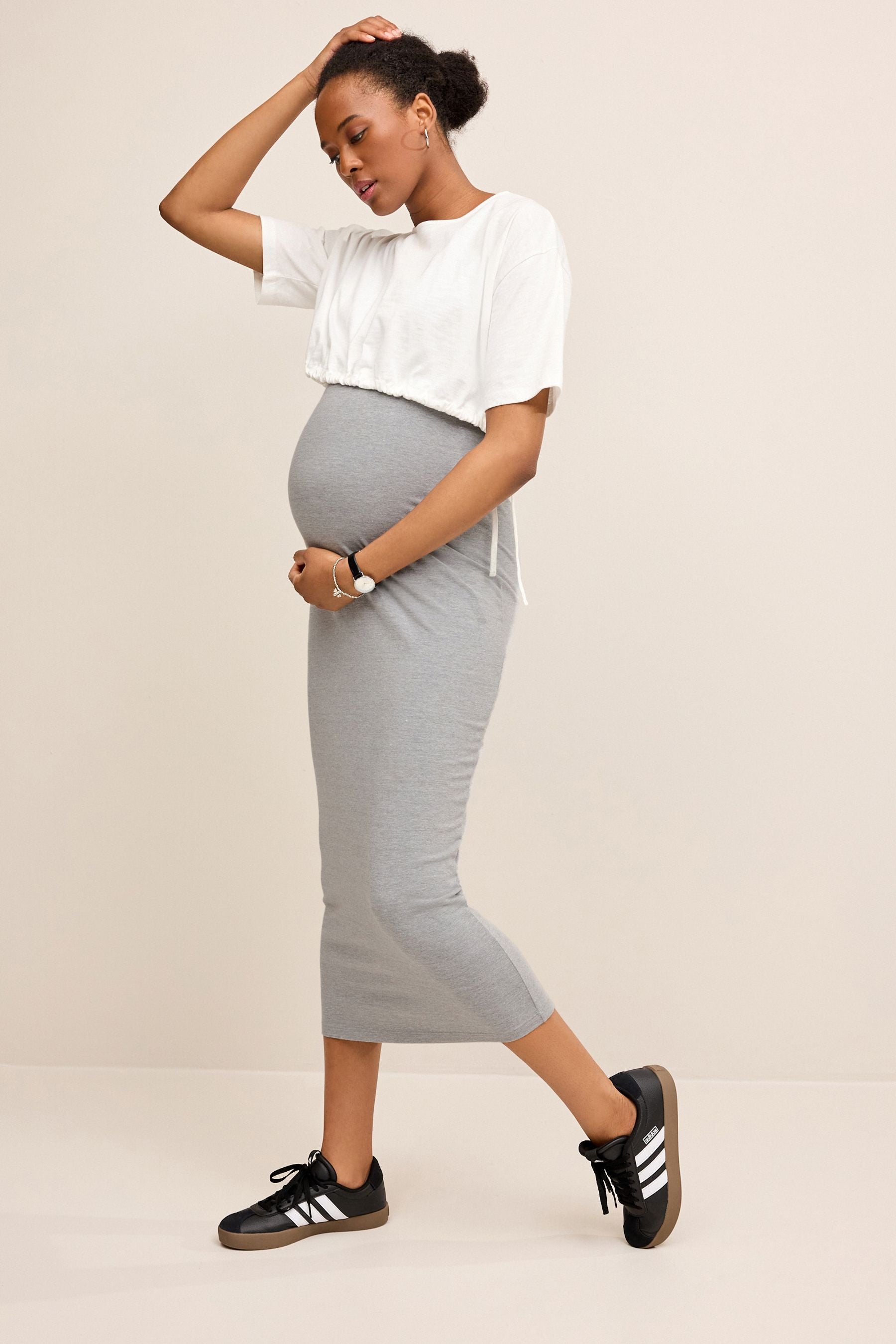 Grey/White Layered Maternity Nursing Dress