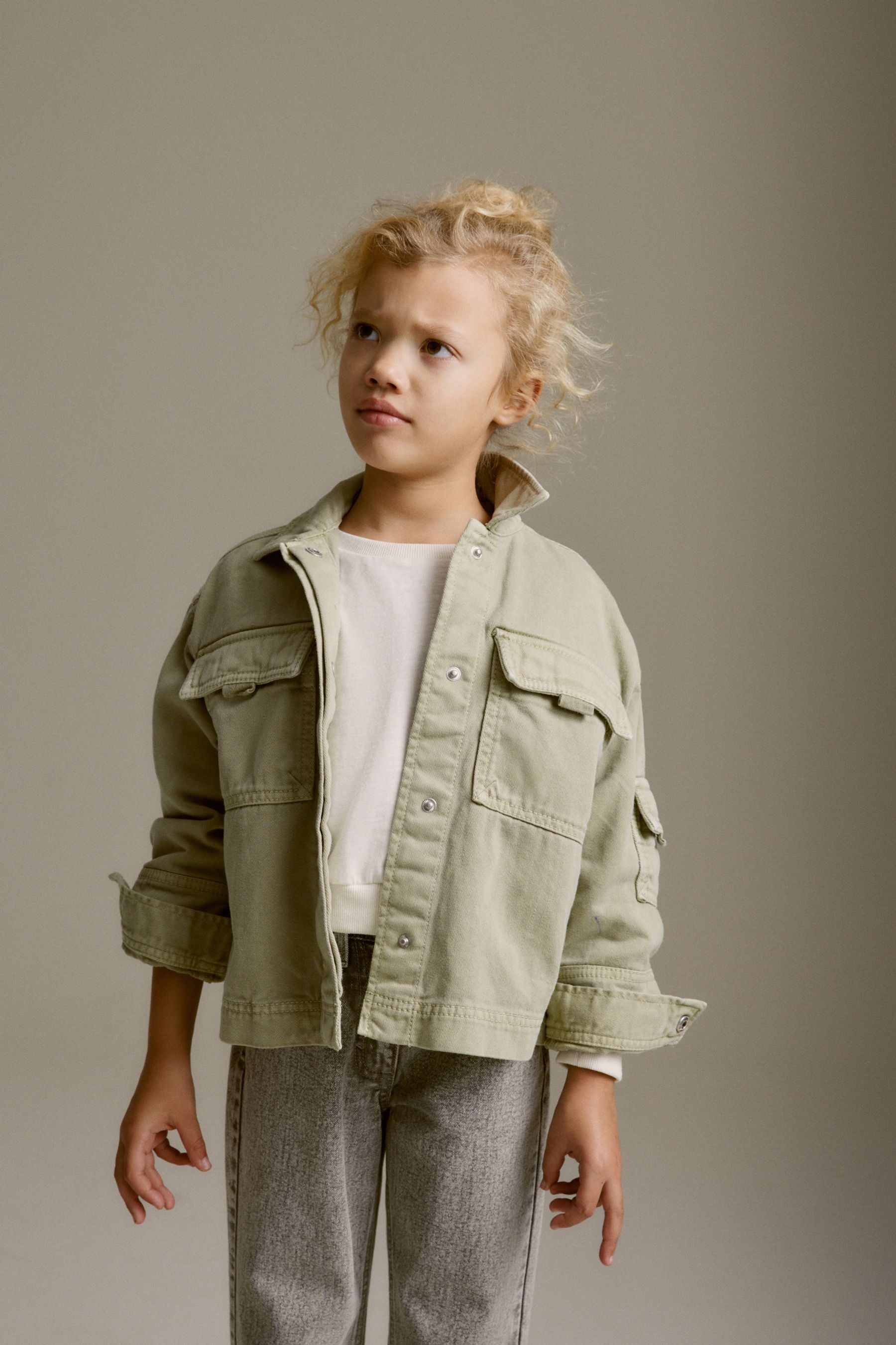 Khaki/Green Crop Cotton Shacket (3-16yrs)