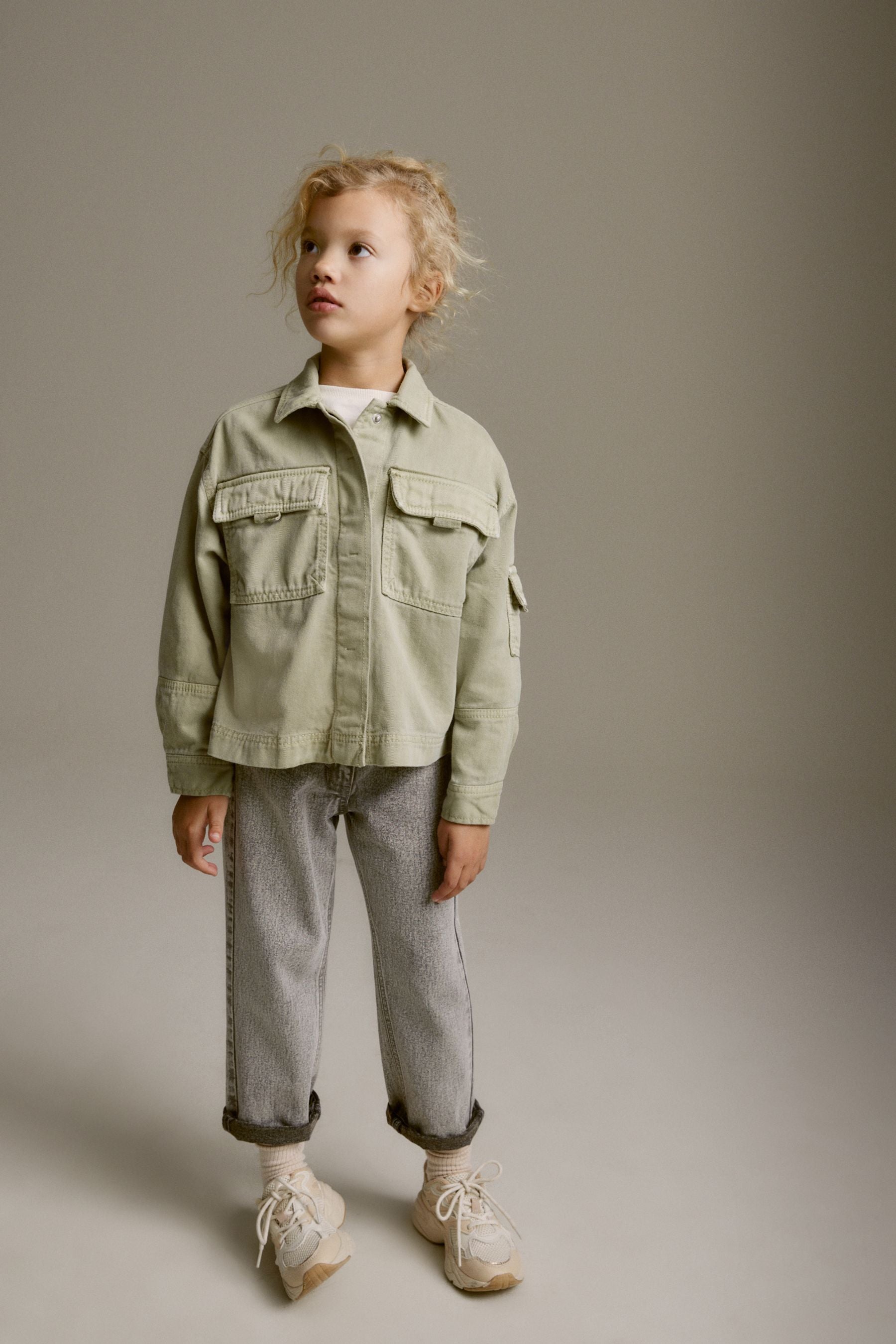 Khaki/Green Crop Cotton Shacket (3-16yrs)