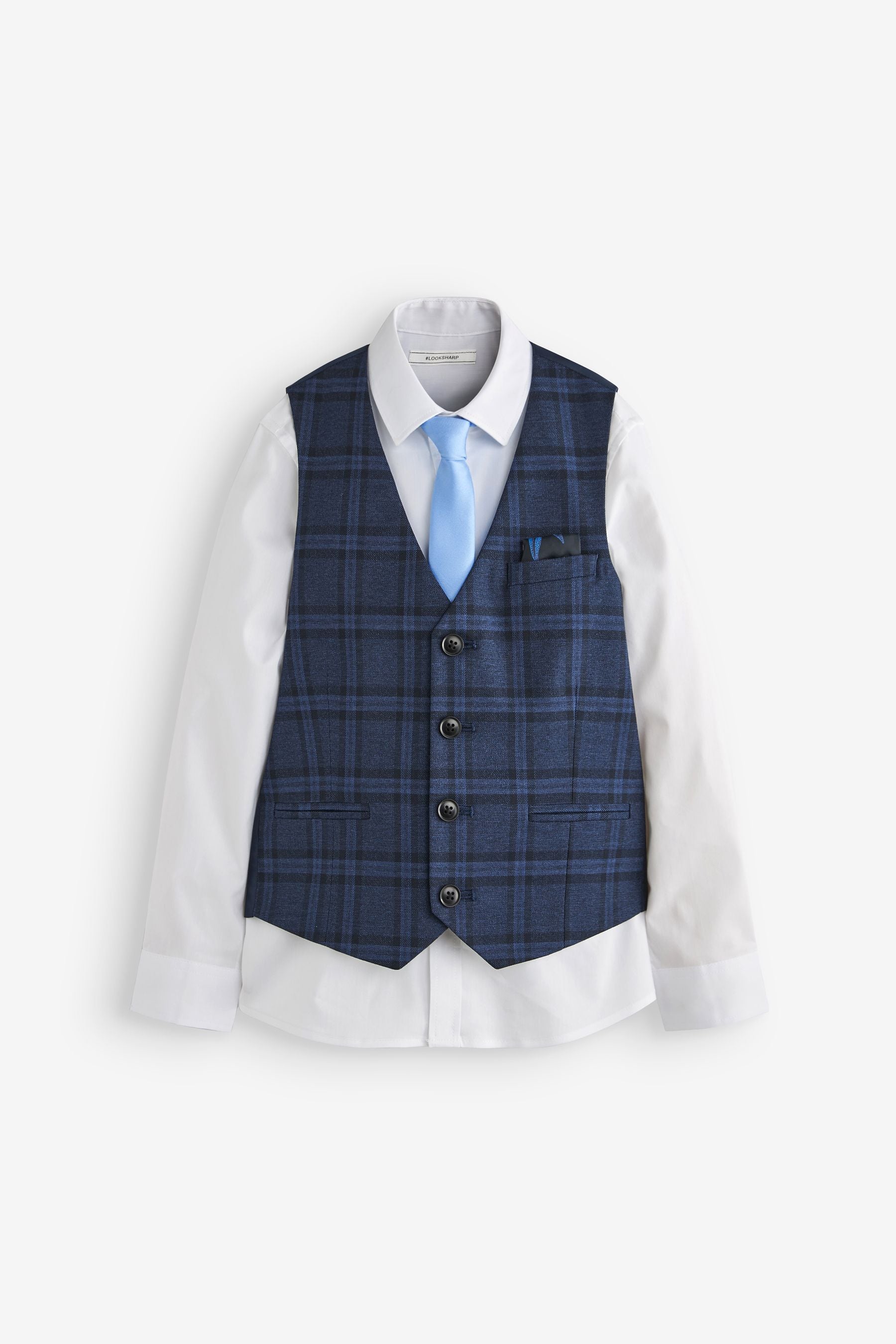 Blue Check Waistcoat, White Shirt & Tie Set Waistcoat (12mths-16yrs)