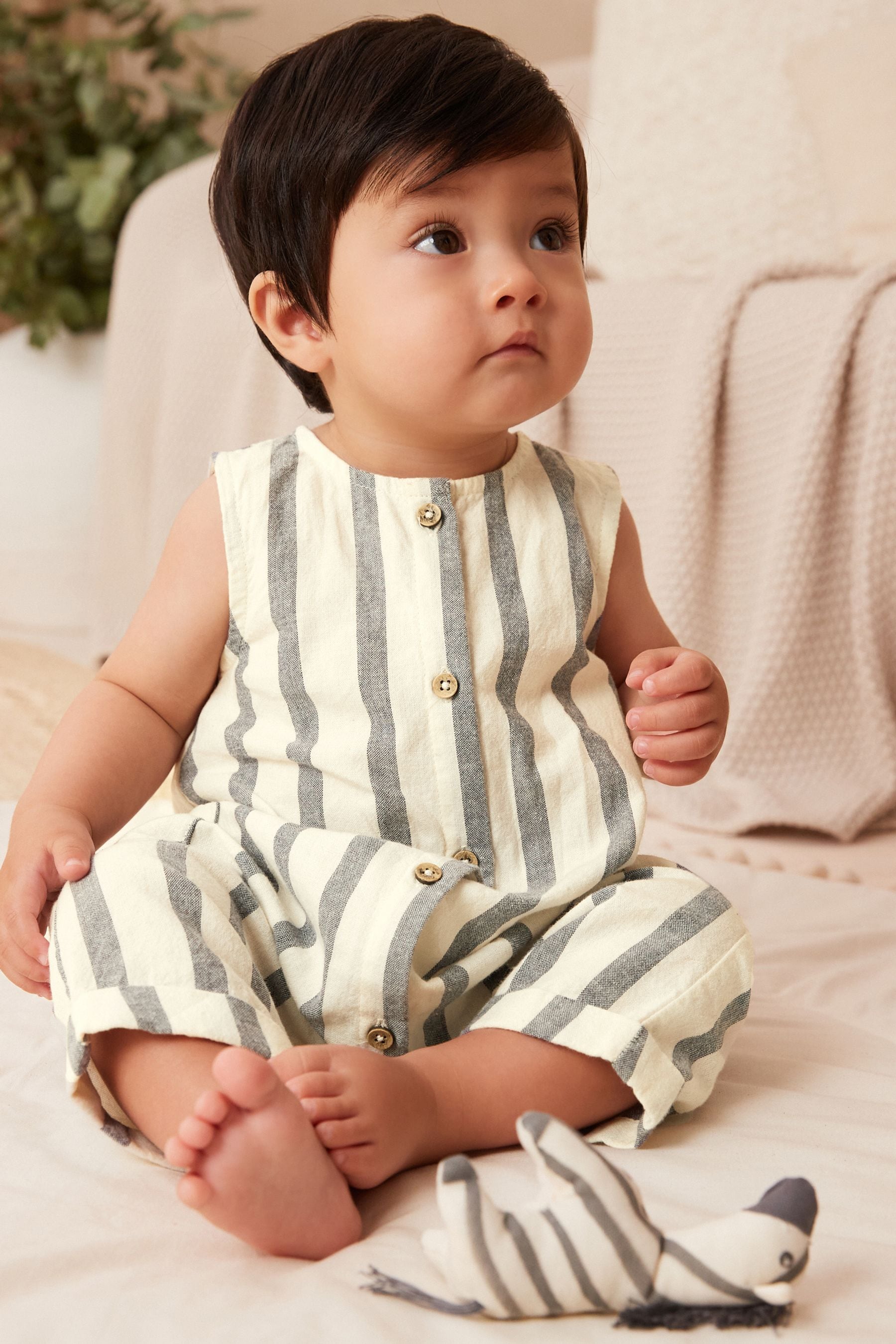 Grey/White Stripe Woven Baby Romper (0mths-2yrs)