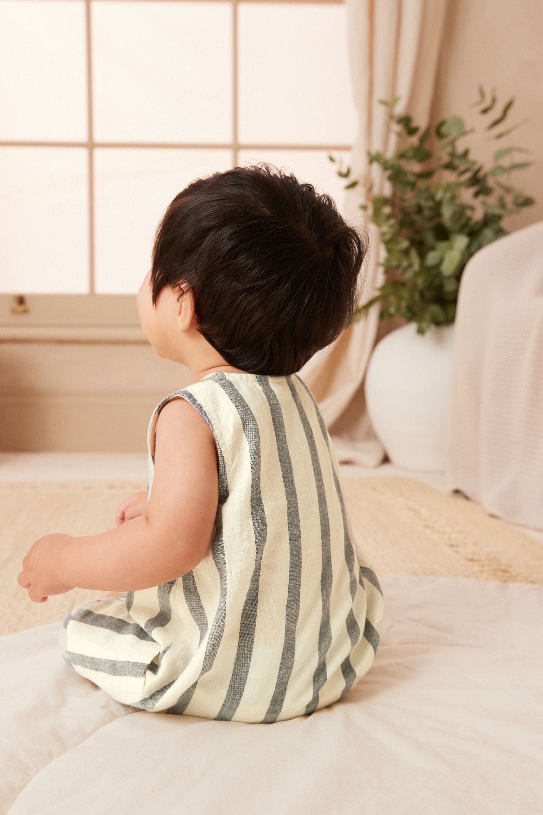 Grey/White Stripe Woven Baby Romper (0mths-2yrs)