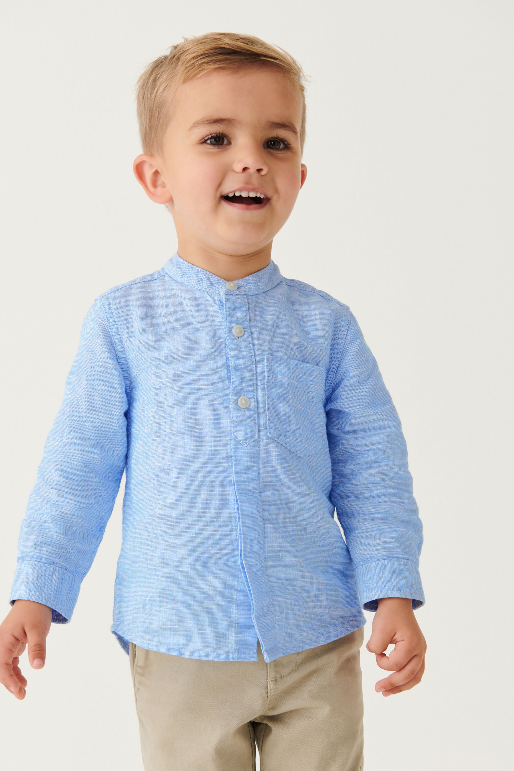 Blue Grandad Collar Linen Mix Shirt (3mths-7yrs)