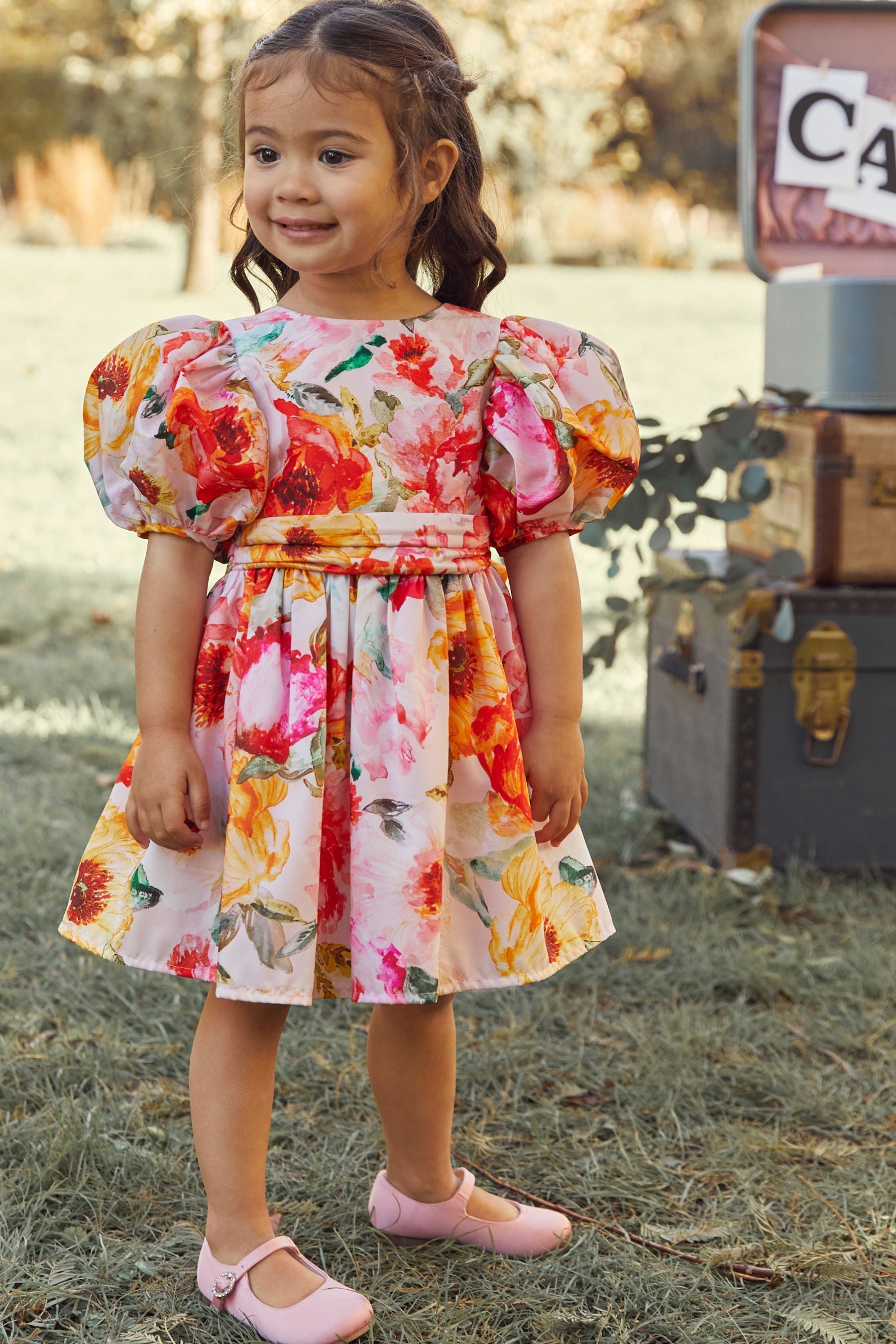 Pink/Yellow Floral Printed Taffeta Party Dress (3mths-8yrs)