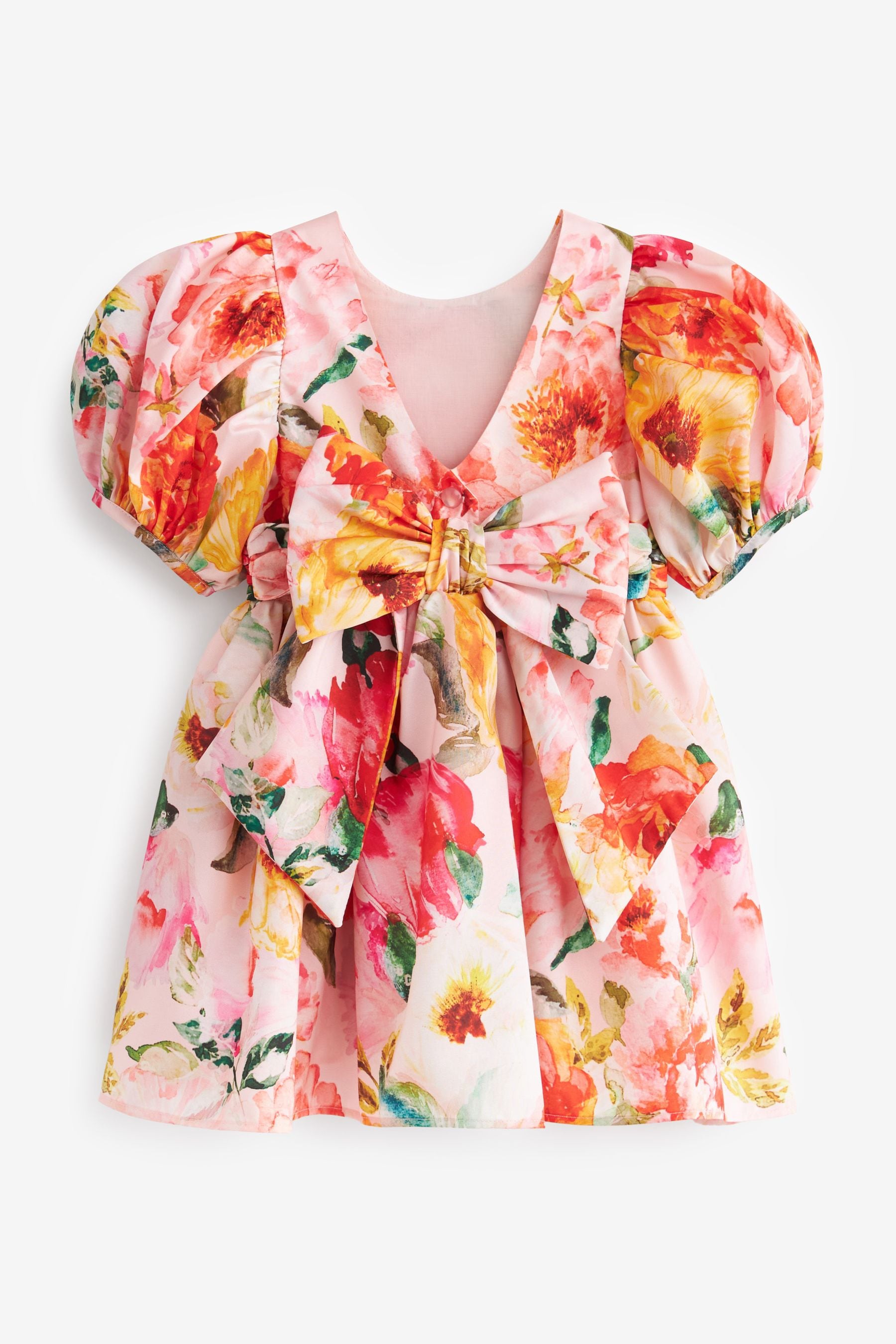 Pink/Yellow Floral Printed Taffeta Party Dress (3mths-8yrs)