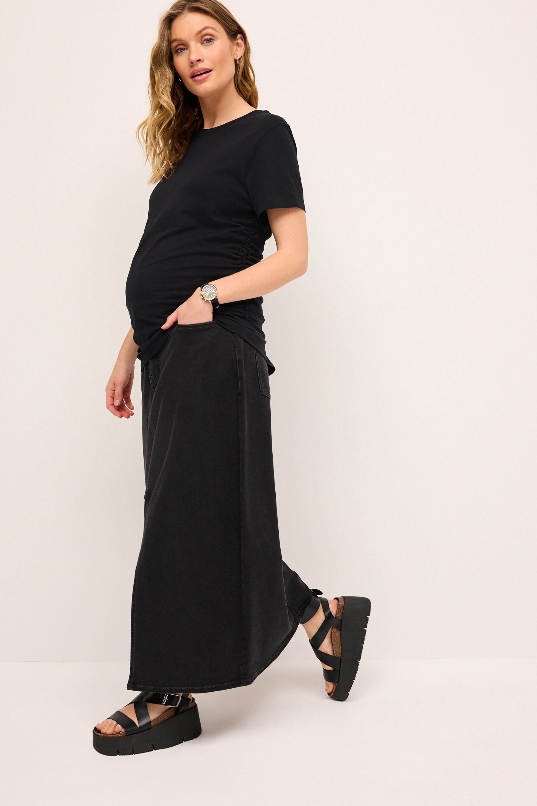 Black 100% Cotton Maternity Ruched Side T-Shirt