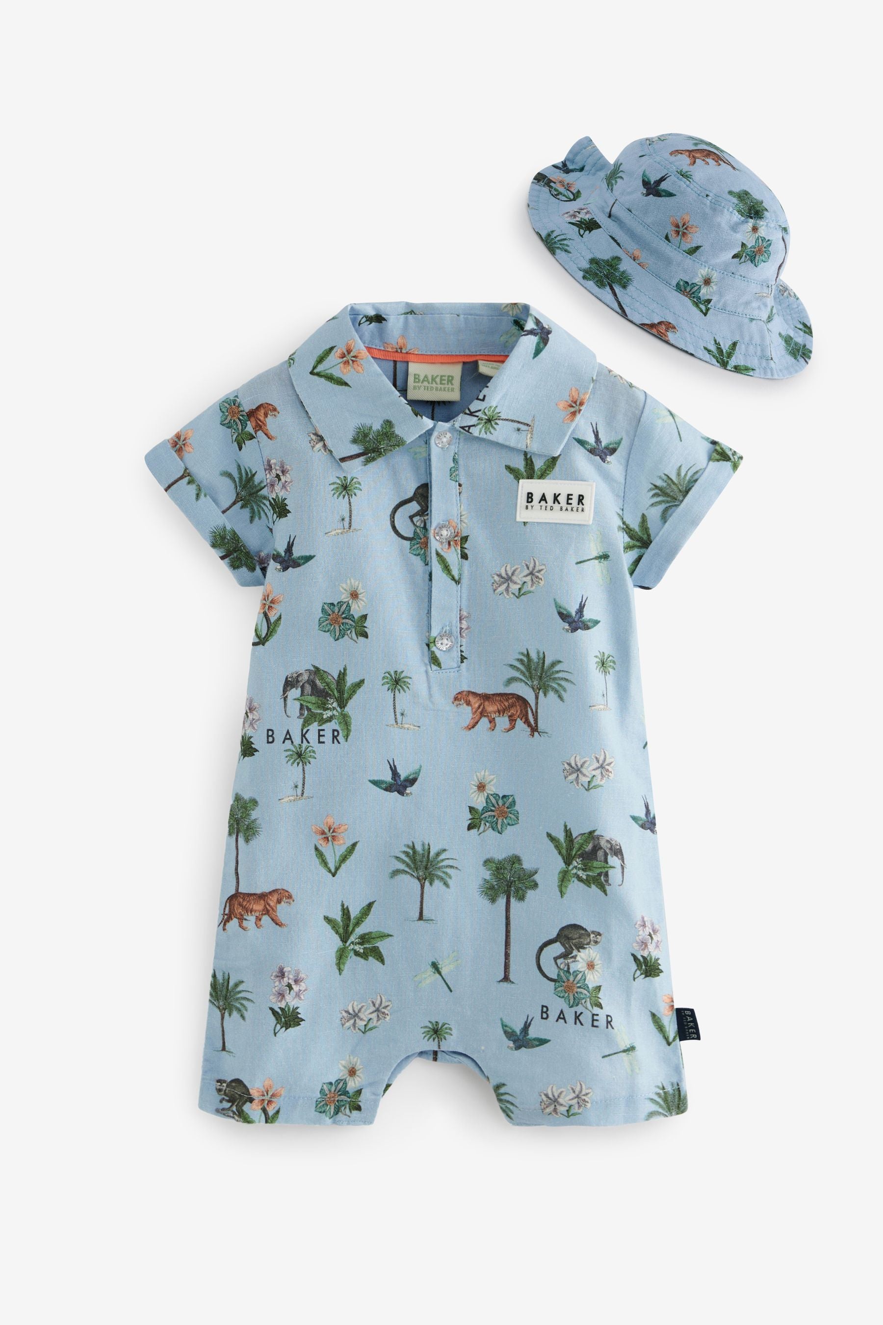 Baker by Ted Baker Printed Shirt Romper and Hat Set