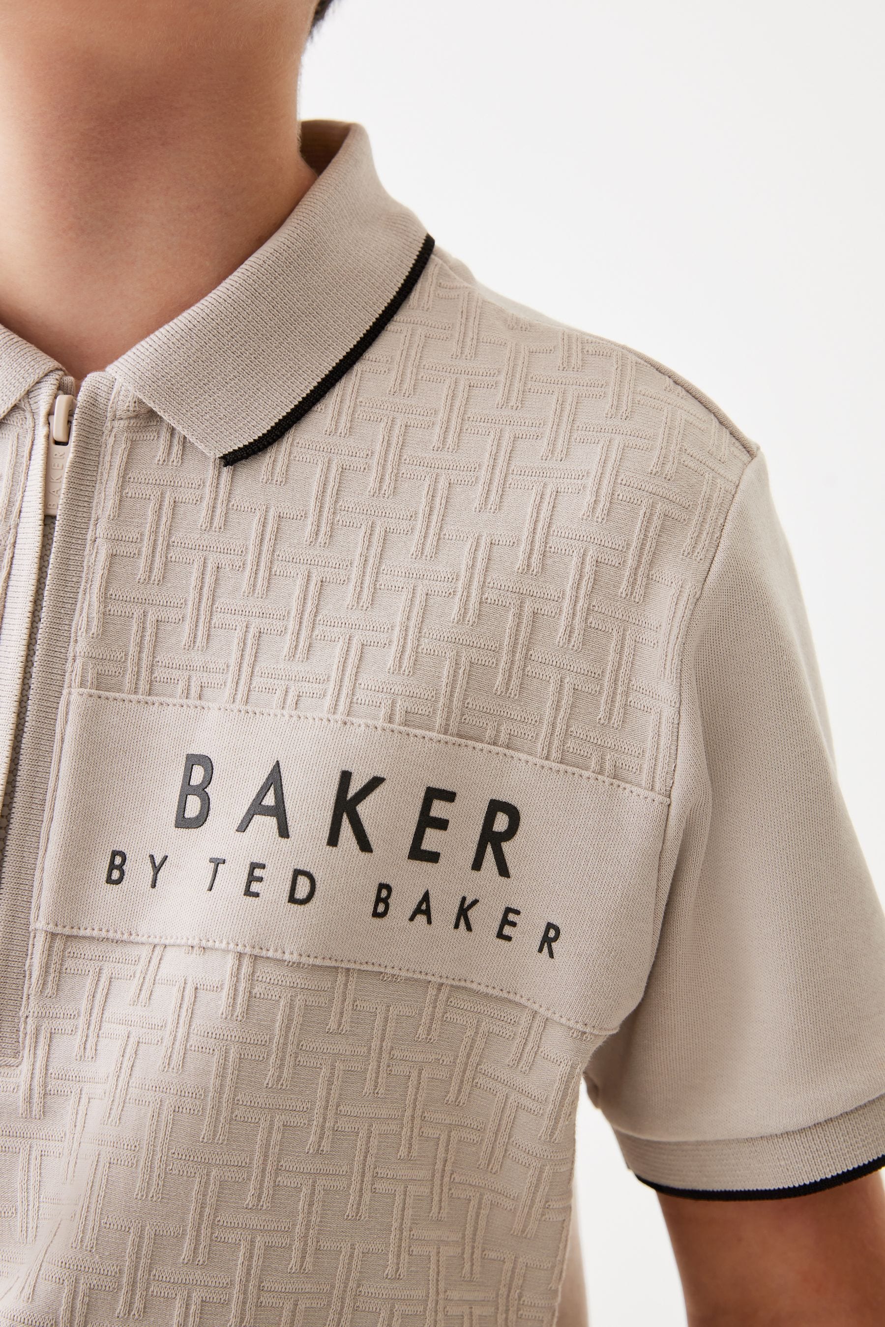 Baker by Ted Baker Quarter Zip 100% Cotton Textured Polo Shirt