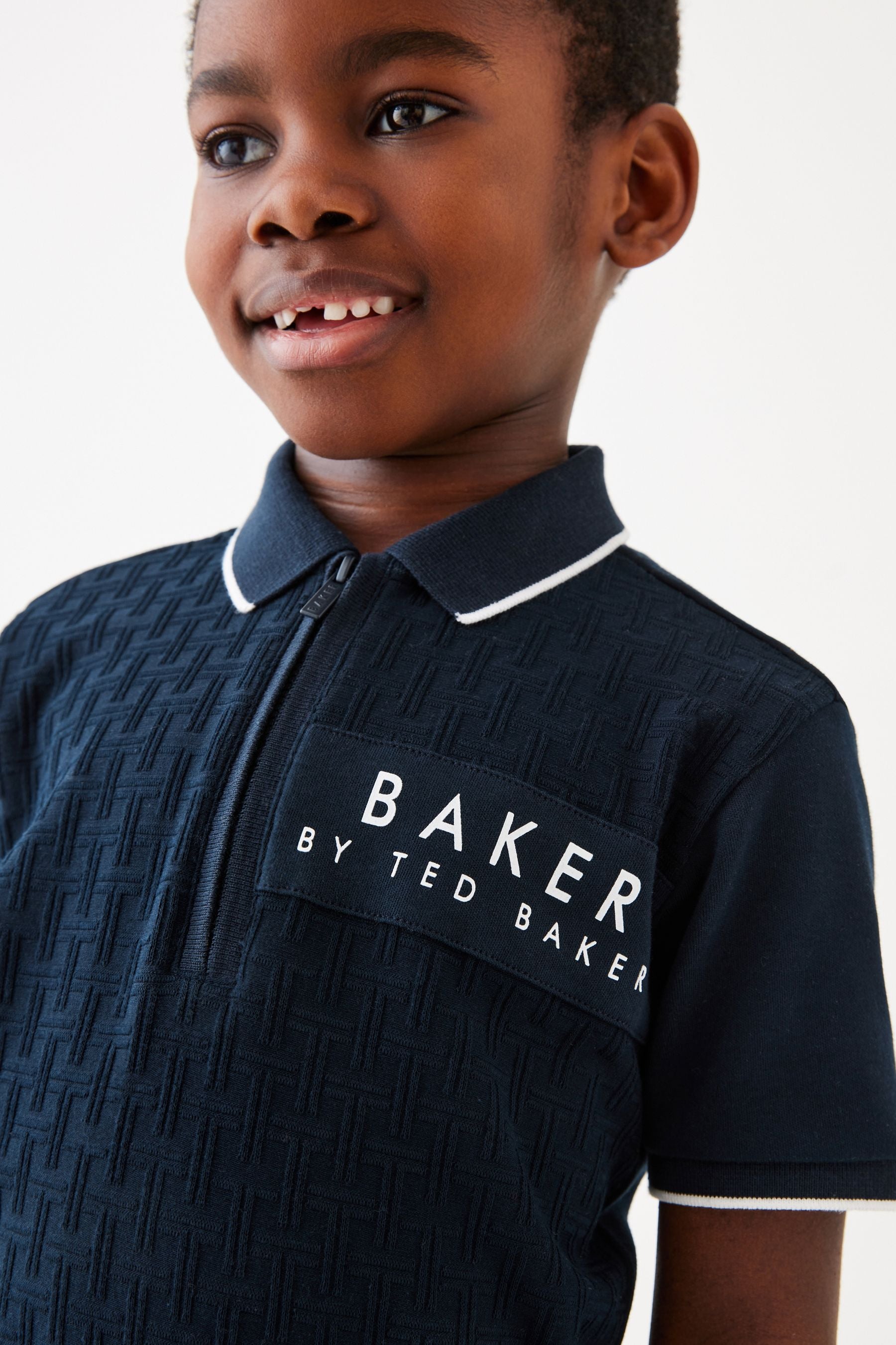 Baker by Ted Baker Quarter Zip 100% Cotton Textured Polo Shirt