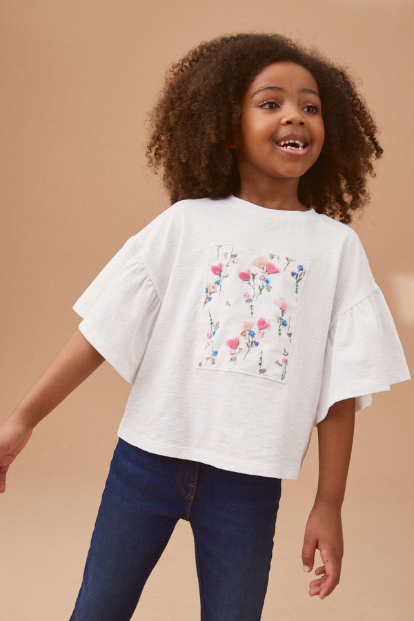 White Textured Floral Applique Frill 100% Cotton Sleeve T-Shirt (3-16yrs)