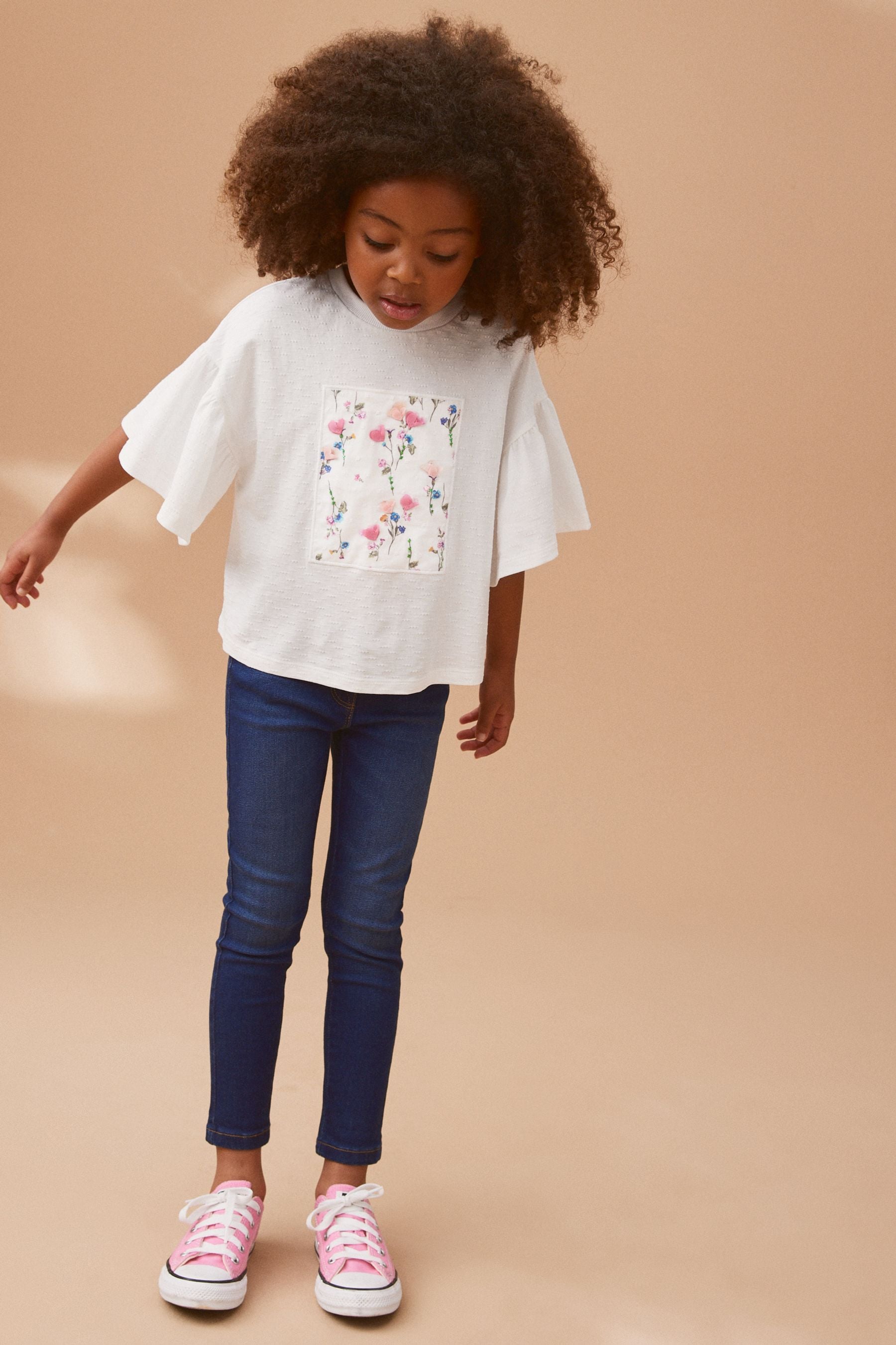 White Textured Floral Applique Frill 100% Cotton Sleeve T-Shirt (3-16yrs)