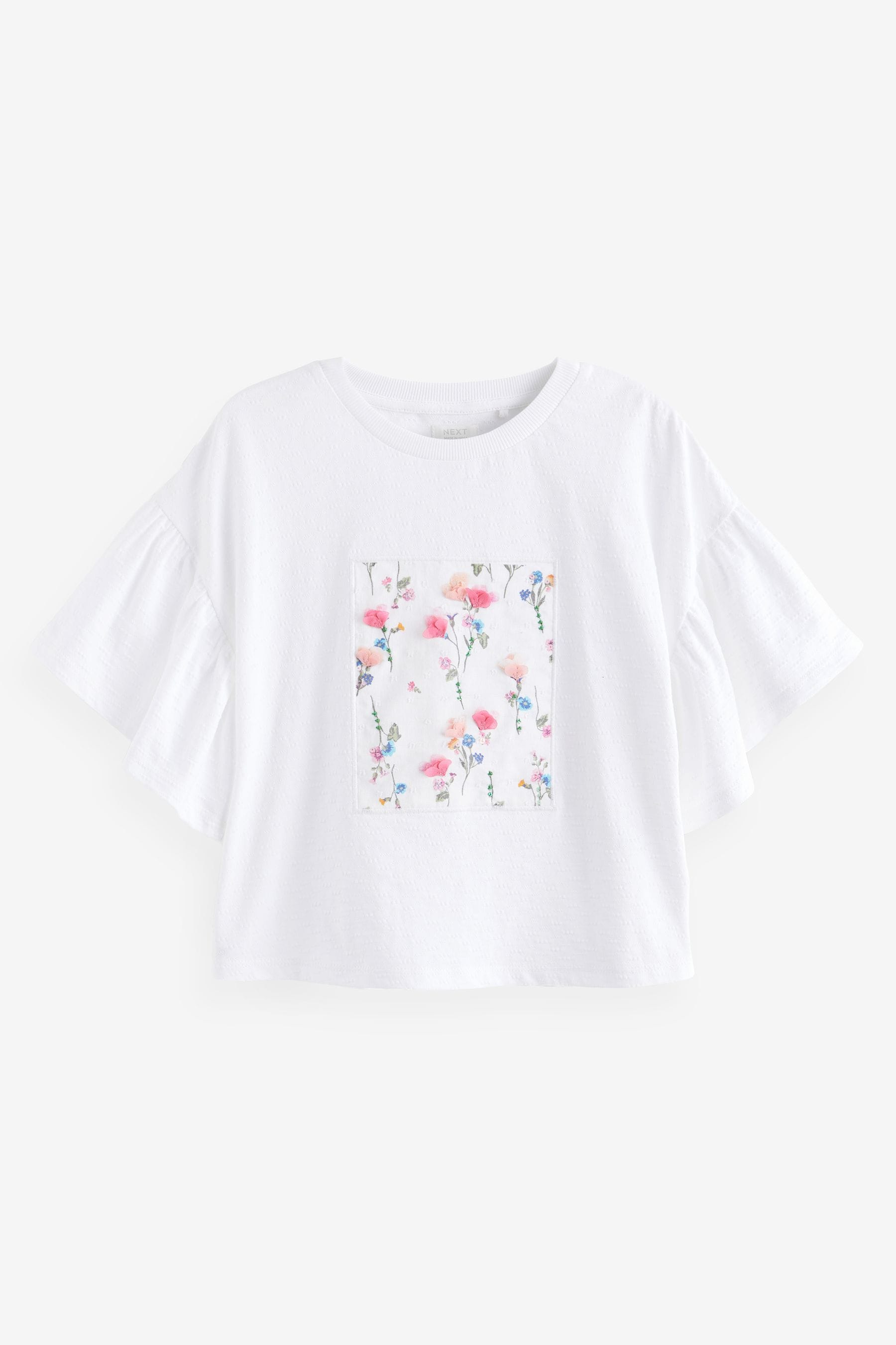 White Textured Floral Applique Frill 100% Cotton Sleeve T-Shirt (3-16yrs)