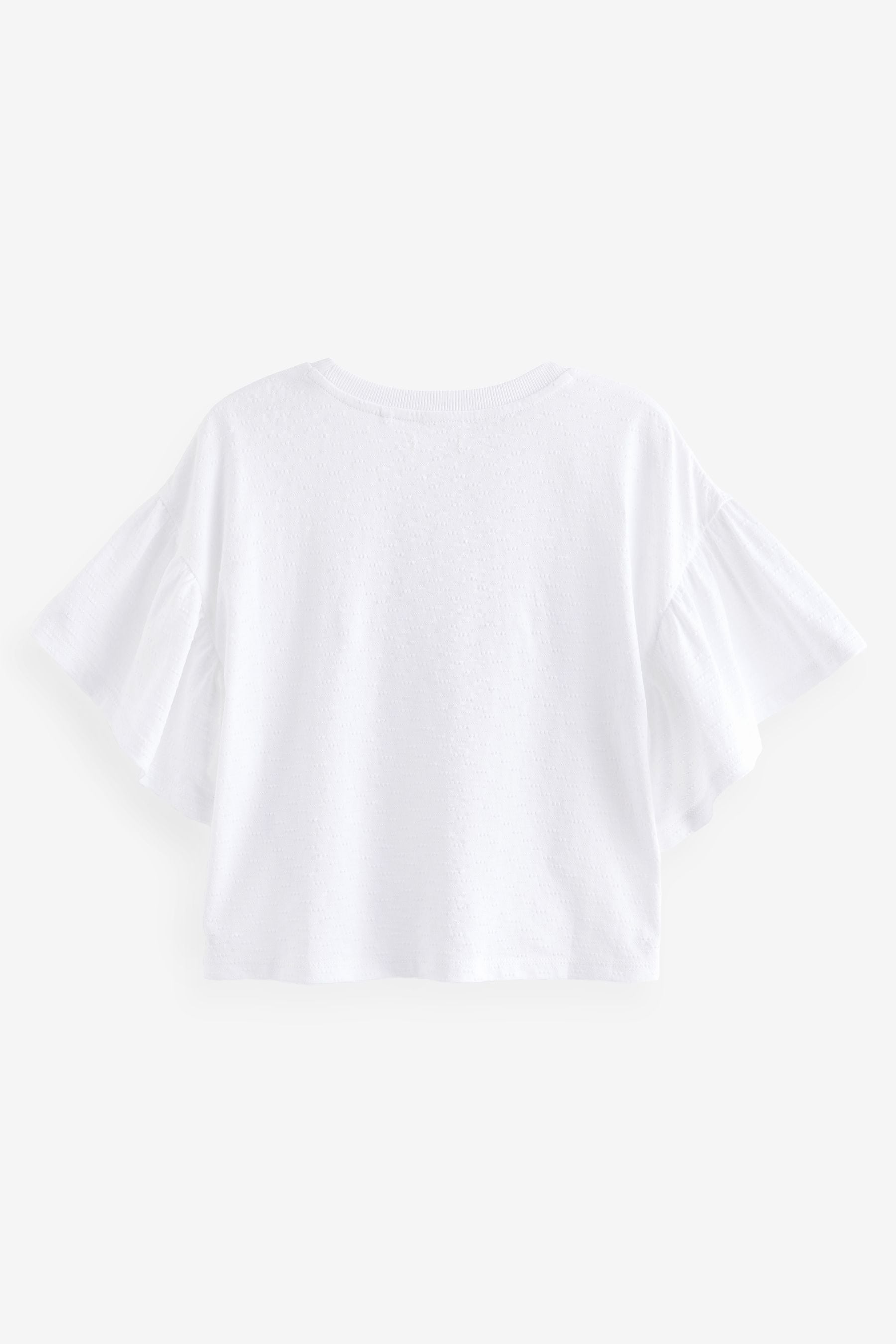 White Textured Floral Applique Frill 100% Cotton Sleeve T-Shirt (3-16yrs)