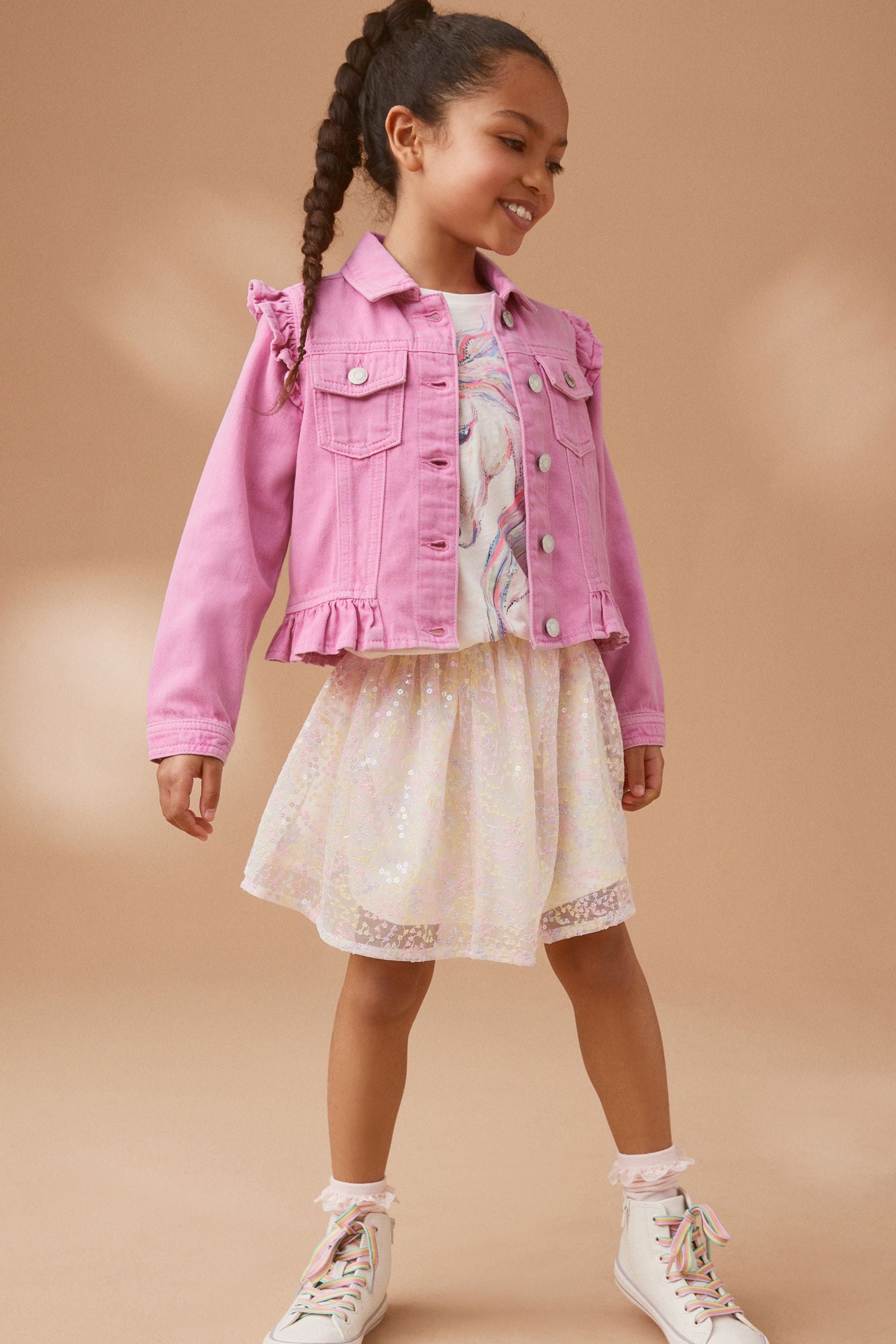 Bright Pink Frill Shoulder Denim Jacket (3-16yrs)