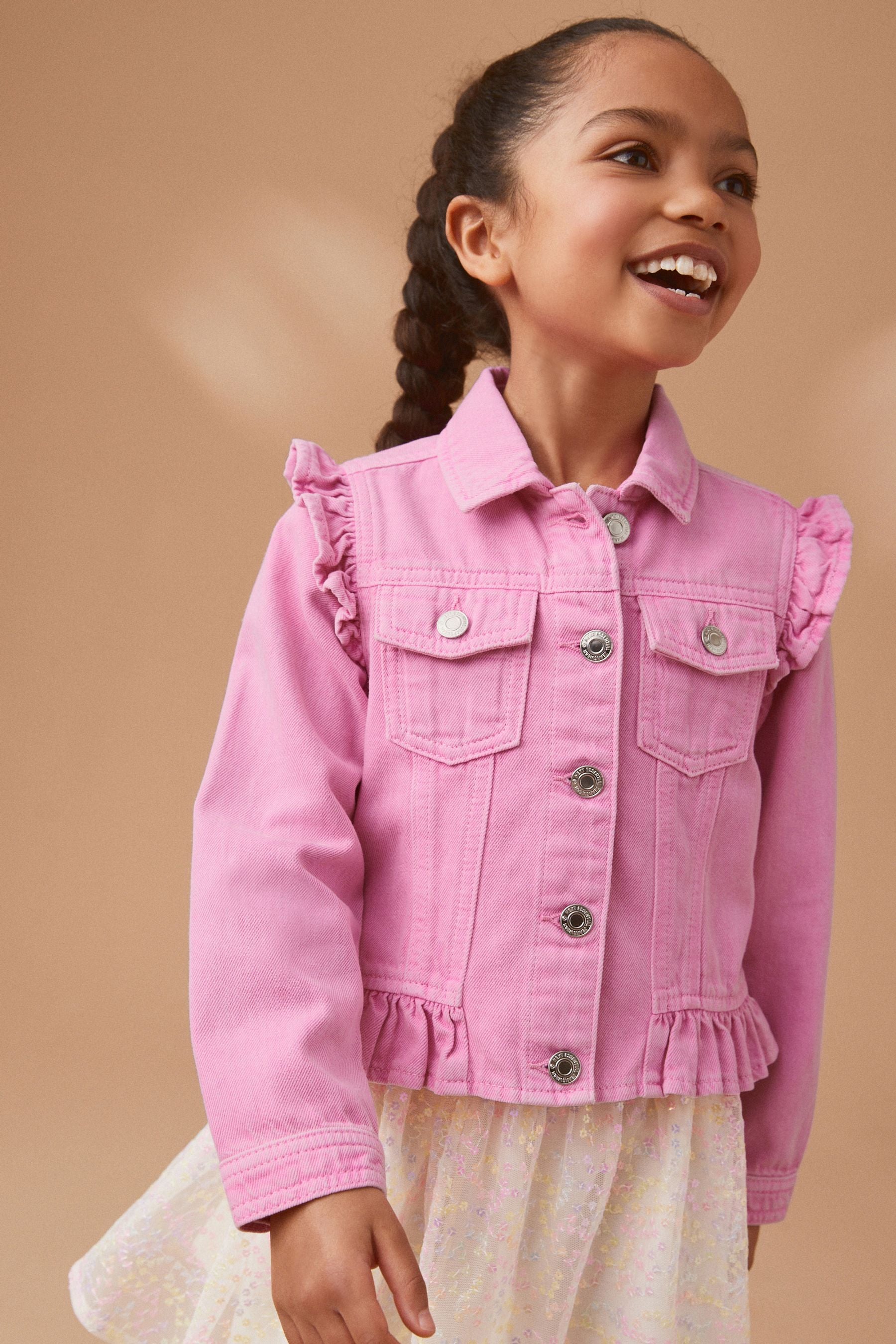 Bright Pink 100% Cotton Frill Shoulder Denim Jacket (3-16yrs)