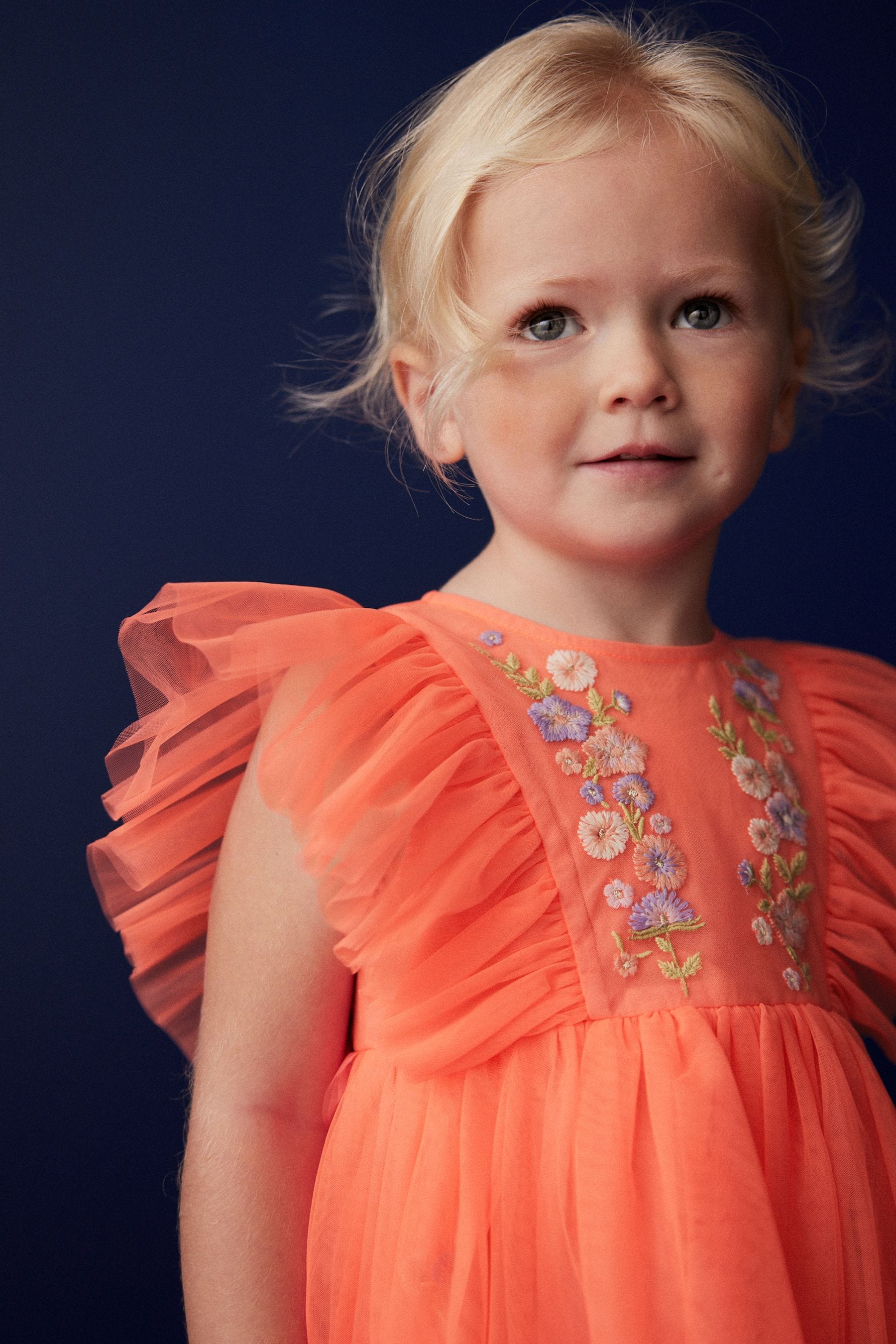 Coral Pink Embroidered Mesh Party Dress (3mths-10yrs)