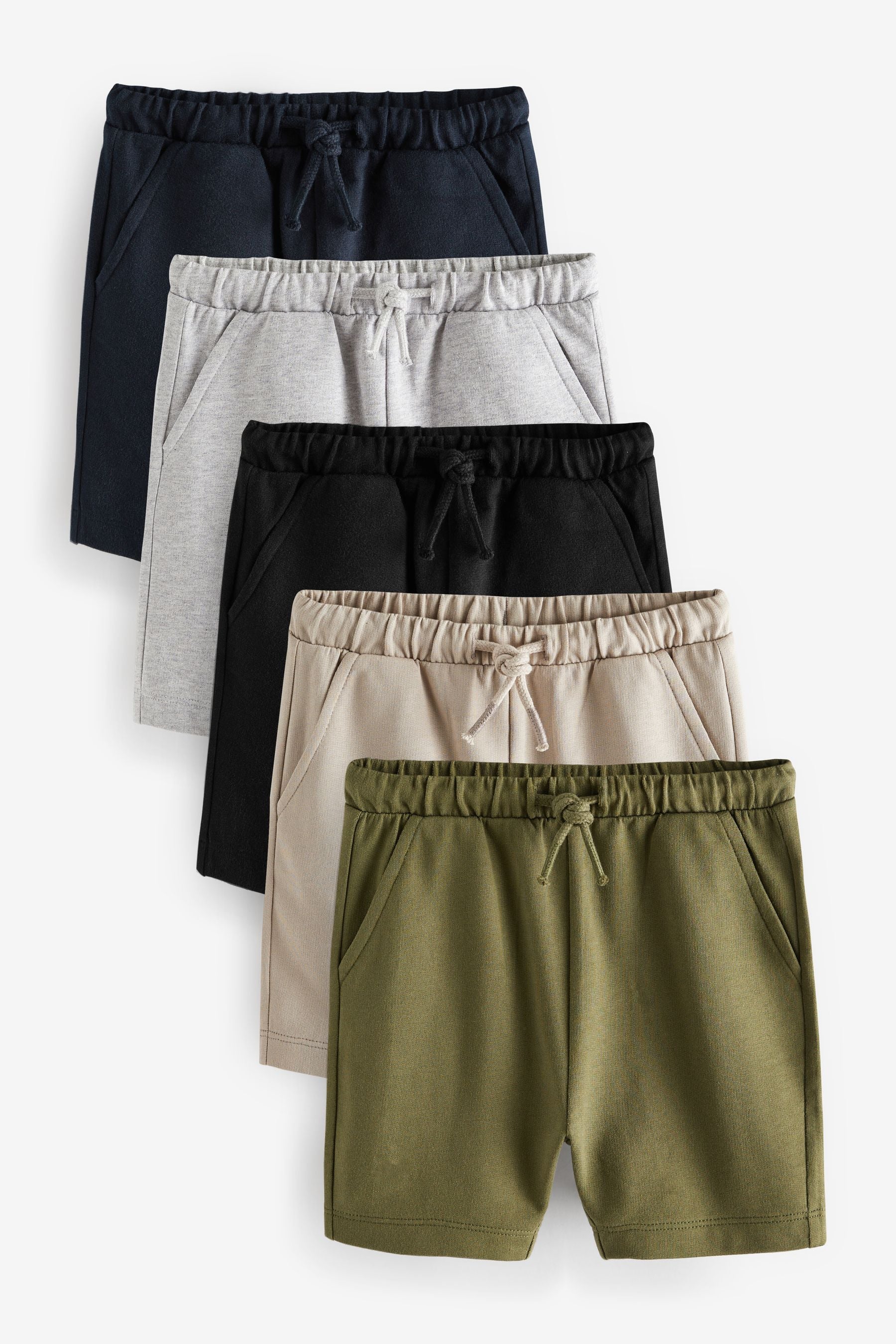 Khaki Green/Grey/Black 100% Cotton Jersey Shorts 5 Pack (3mths-7yrs)