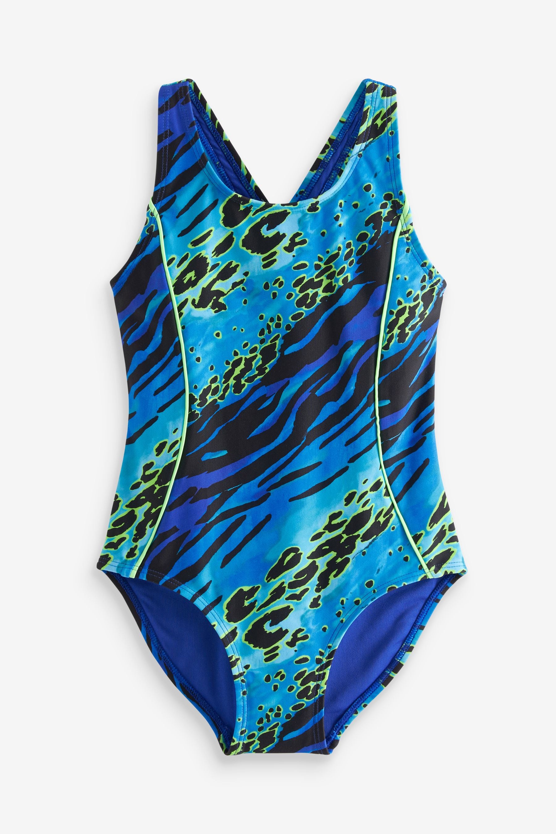 Blue/Green Animal Print Sports Cross-Back Swimsuit (3-16yrs)