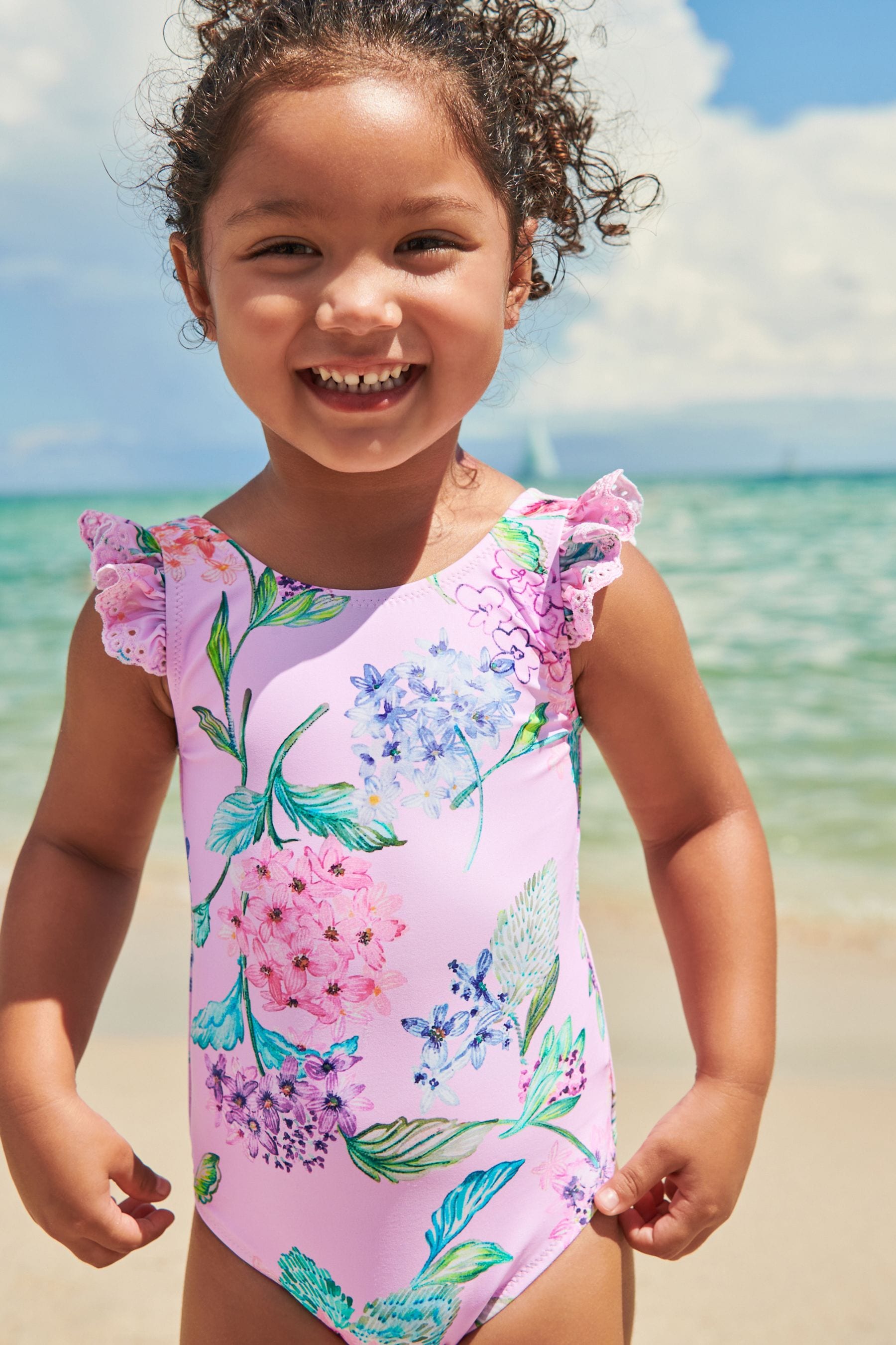 Pale Pink Floral Frill Sleeved Swimsuit (3mths-12yrs)