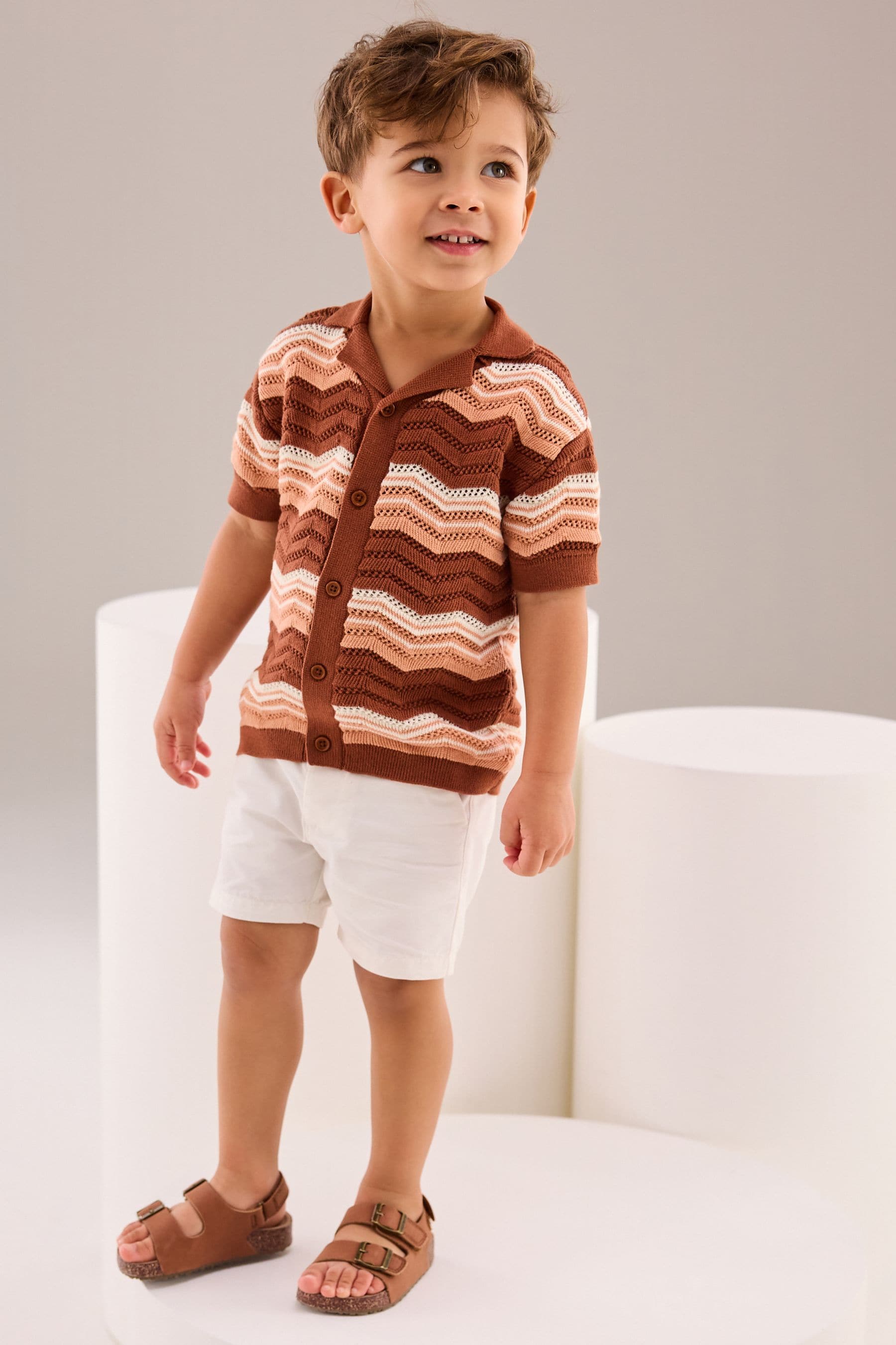 Brown/Cream Crochet Pattern 100% Cotton Short Sleeved Polo Shirt (3mths-7yrs)