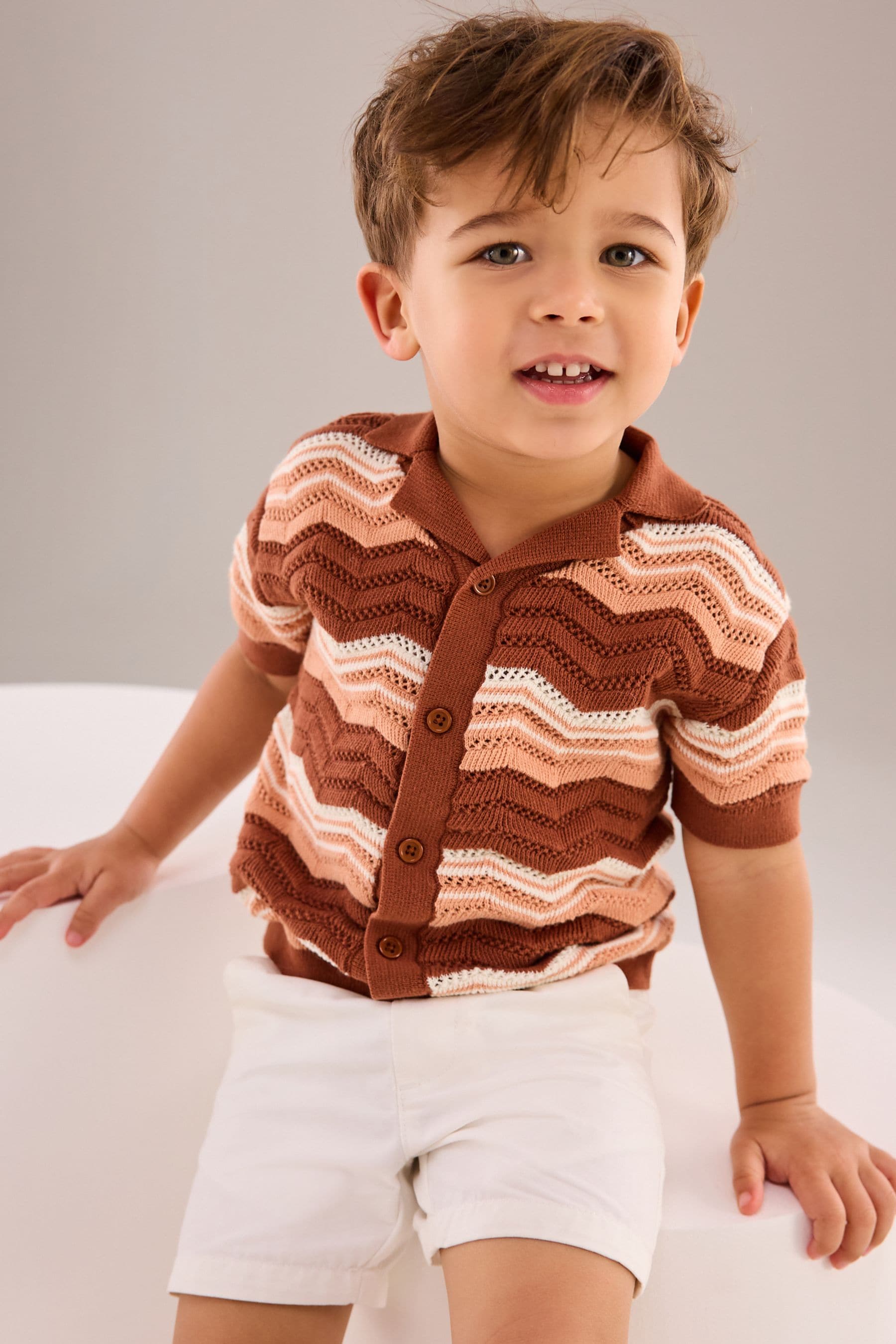 Brown/Cream Crochet Pattern 100% Cotton Short Sleeved Polo Shirt (3mths-7yrs)