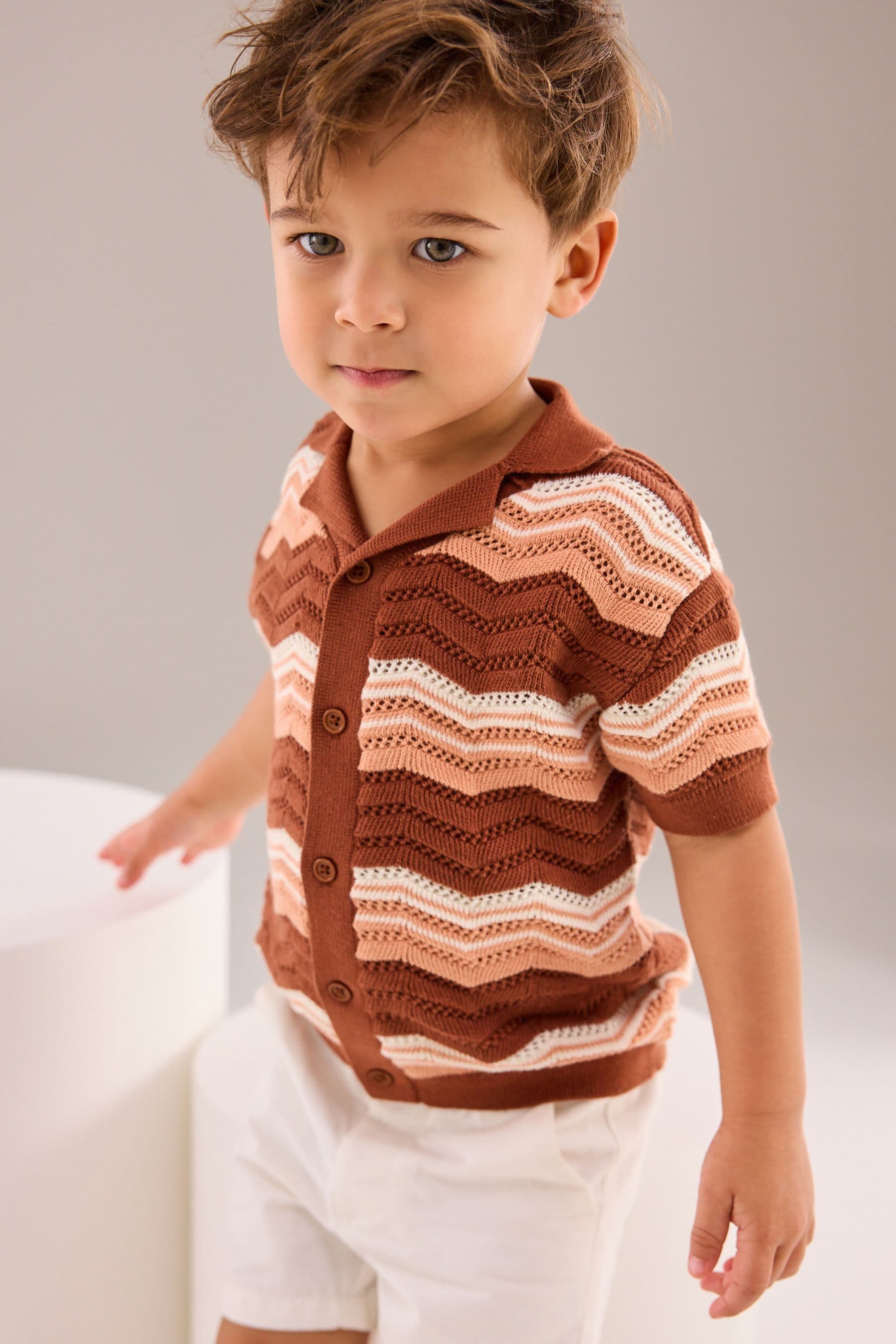 Brown/Cream Crochet Pattern 100% Cotton Short Sleeved Polo Shirt (3mths-7yrs)