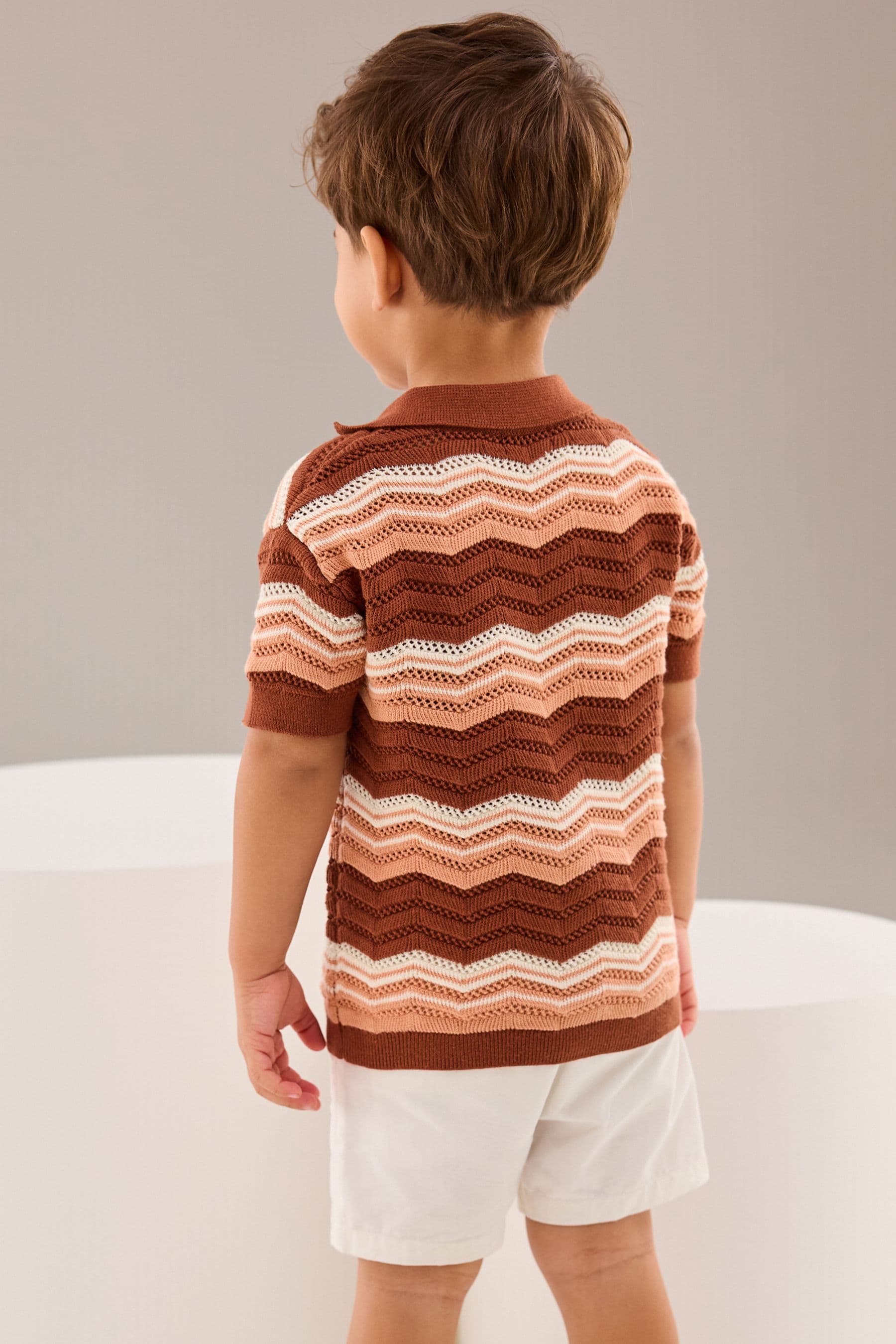 Brown/Cream Crochet Pattern 100% Cotton Short Sleeved Polo Shirt (3mths-7yrs)