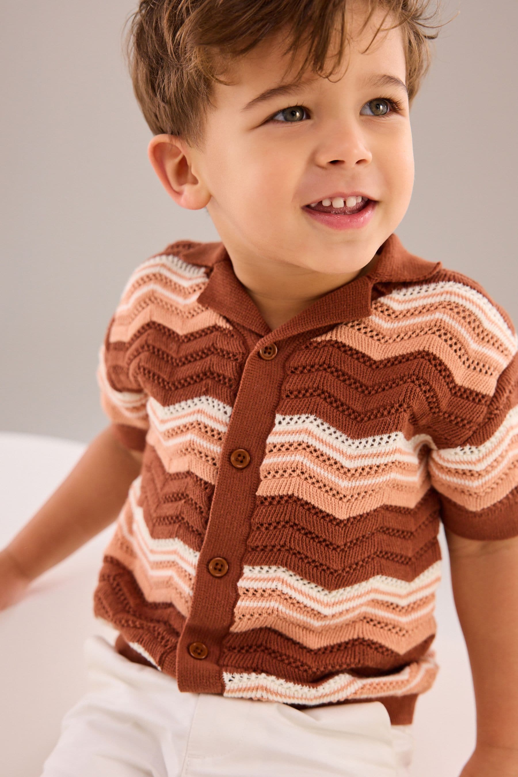 Brown/Cream Crochet Pattern 100% Cotton Short Sleeved Polo Shirt (3mths-7yrs)