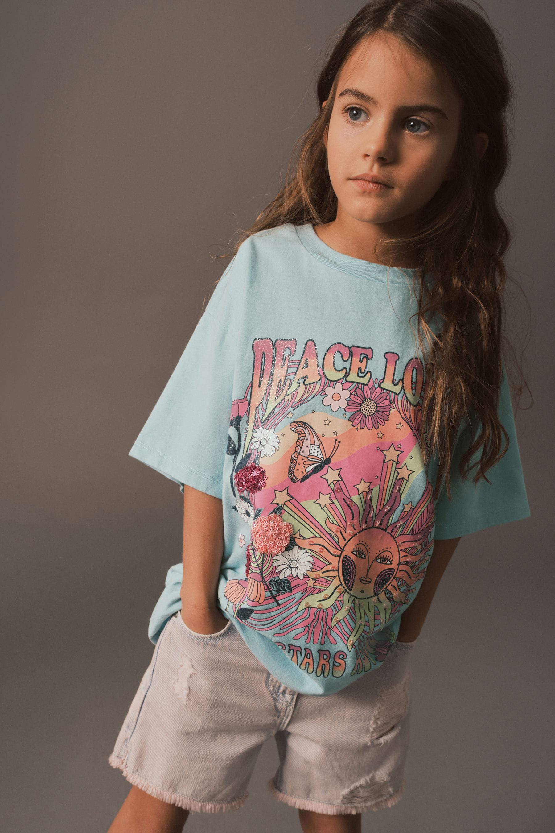 Blue/Pink Oversized Embellished Graphic T-Shirt (3-16yrs)