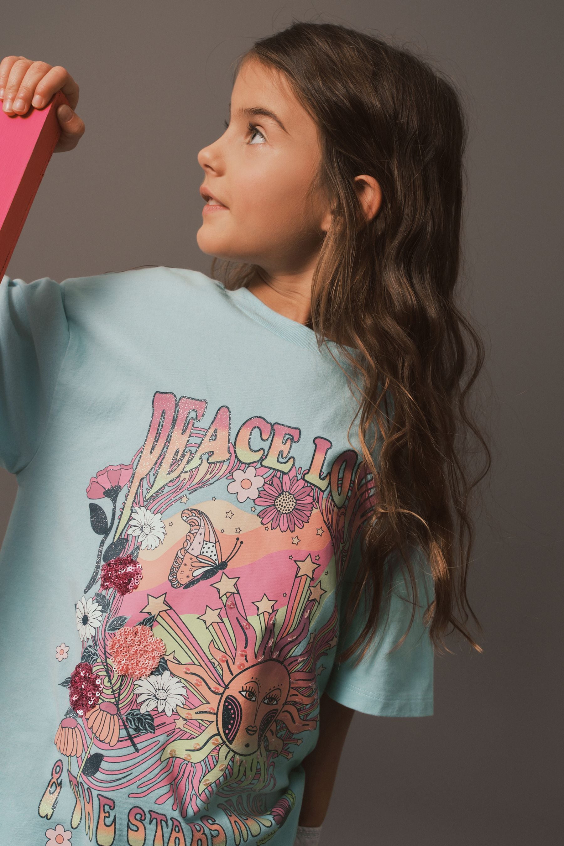 Blue/Pink Oversized Embellished Graphic T-Shirt (3-16yrs)