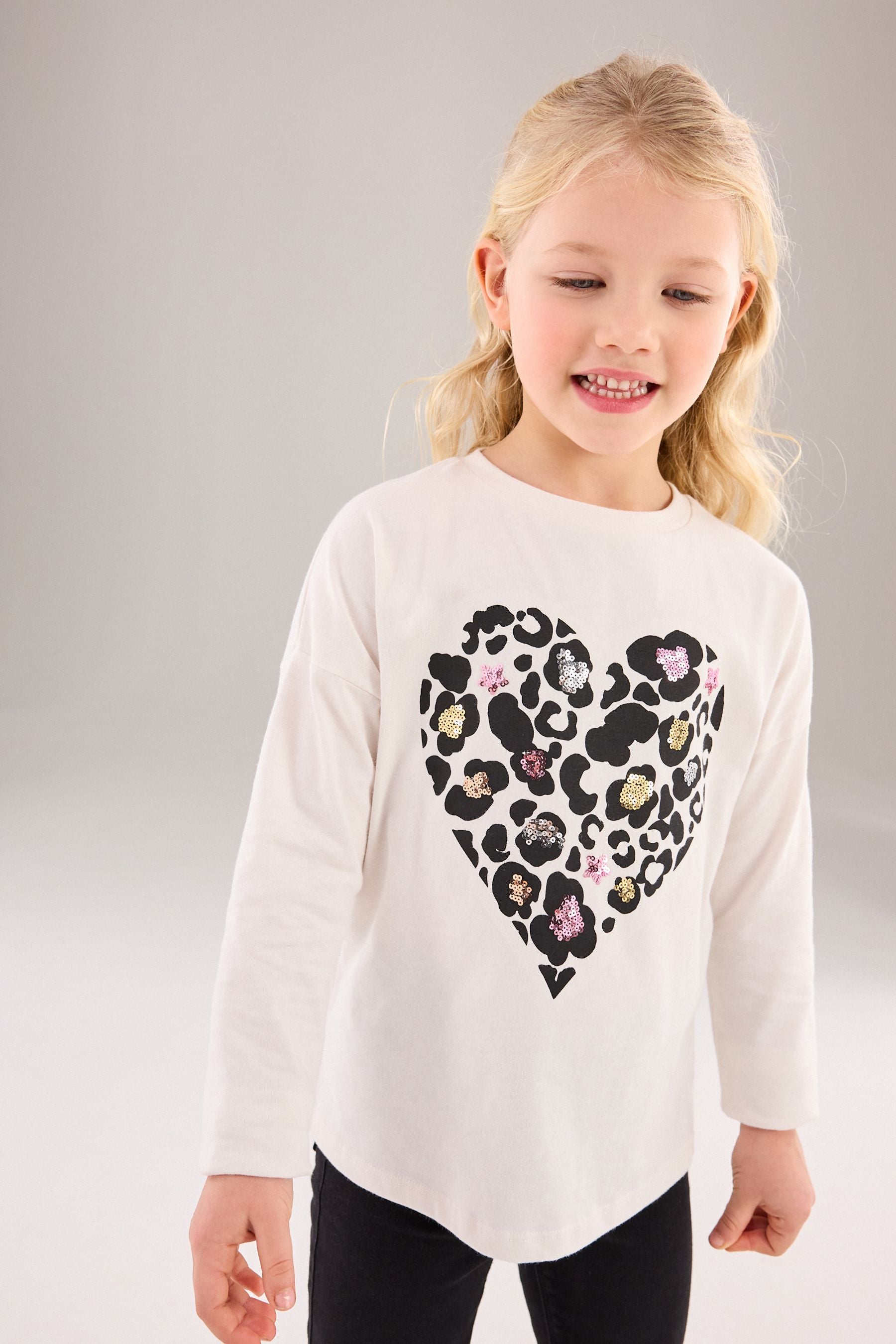 Ecru White Long Sleeve Sequin Heart T-Shirt (3-16yrs)