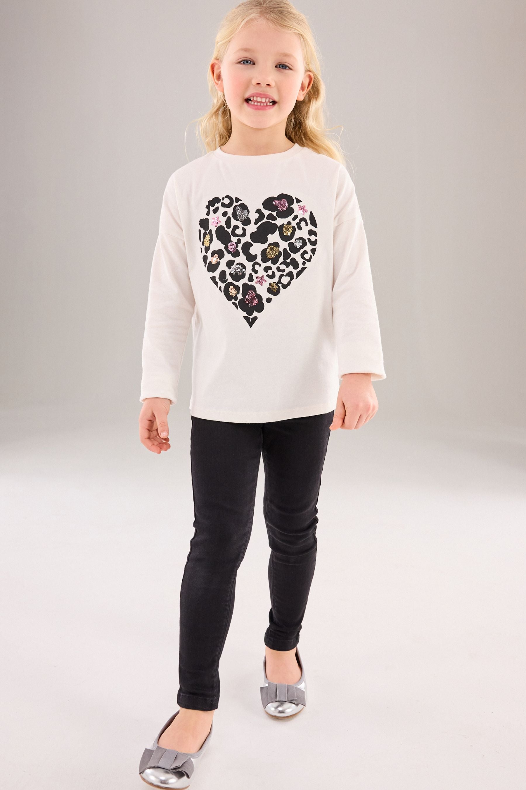 Ecru White Long Sleeve Sequin Heart T-Shirt (3-16yrs)