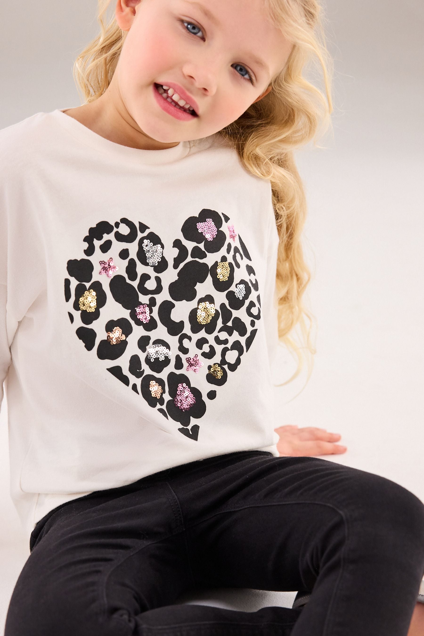 Ecru White Long Sleeve Sequin Heart T-Shirt (3-16yrs)