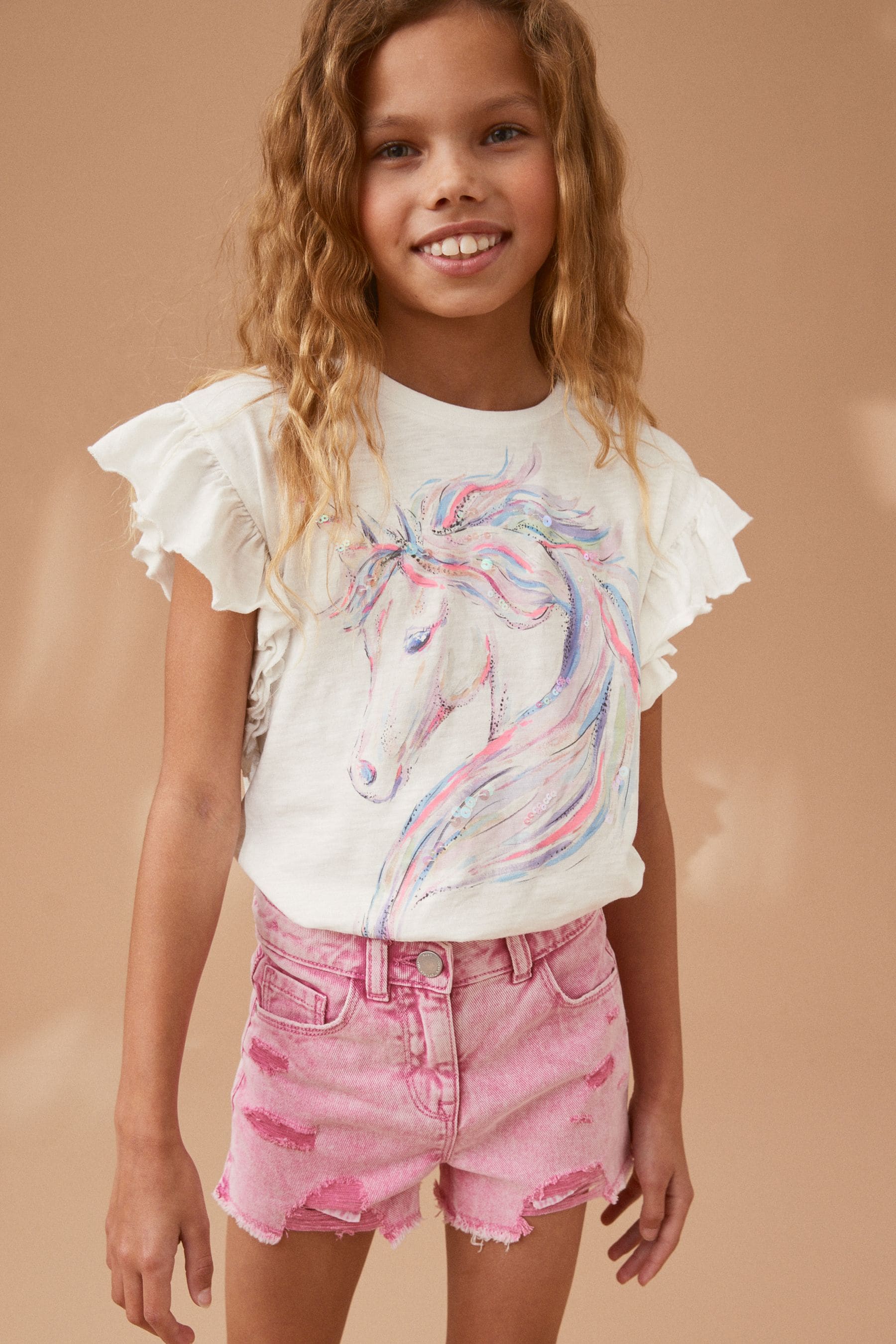 Ecru White 100% Cotton Sequin Unicorn Frill Sleeve T-Shirt (3-16yrs)