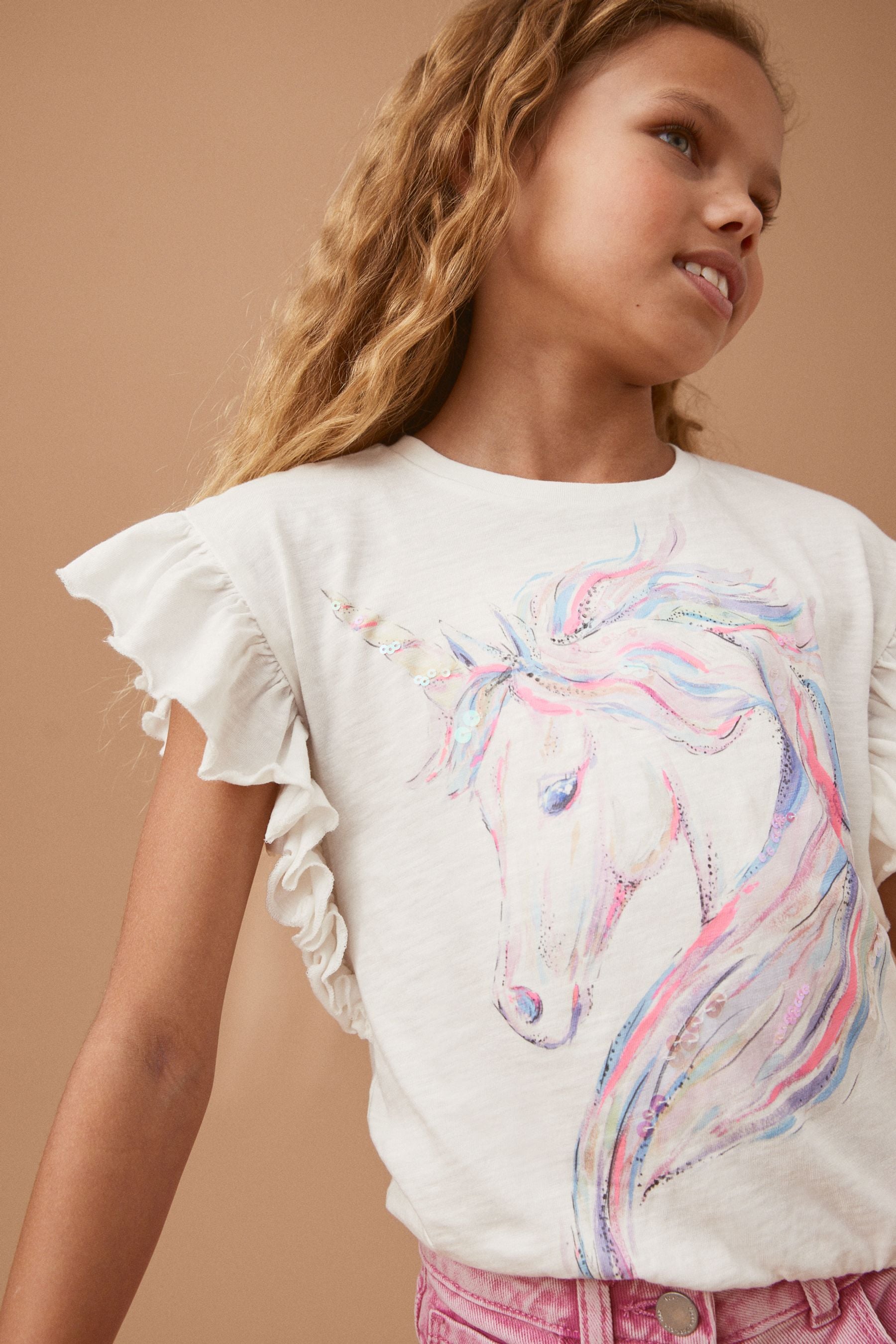 Ecru White 100% Cotton Sequin Unicorn Frill Sleeve T-Shirt (3-16yrs)