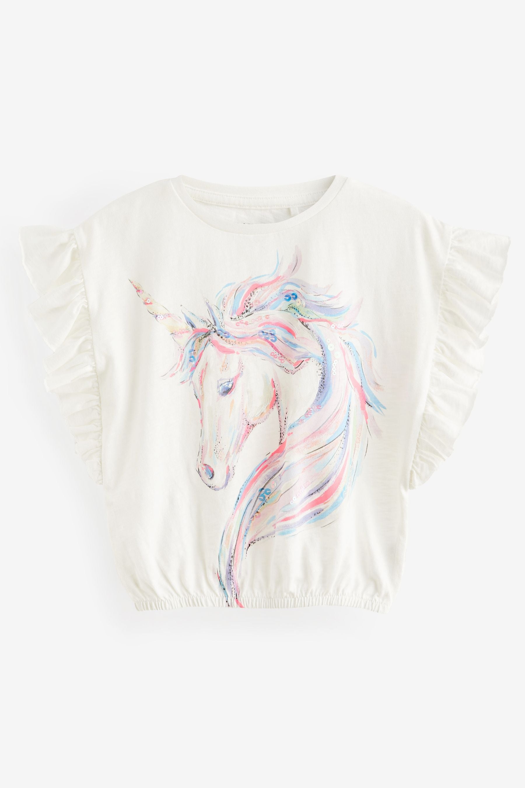 Ecru White 100% Cotton Sequin Unicorn Frill Sleeve T-Shirt (3-16yrs)