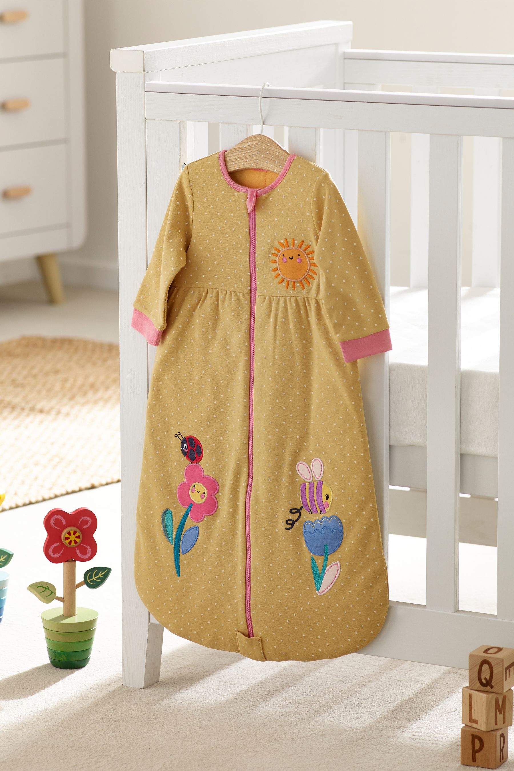 Ochre Yellow Floral Baby 100% Cotton Long Sleeve 2 Tog Sleep Bag