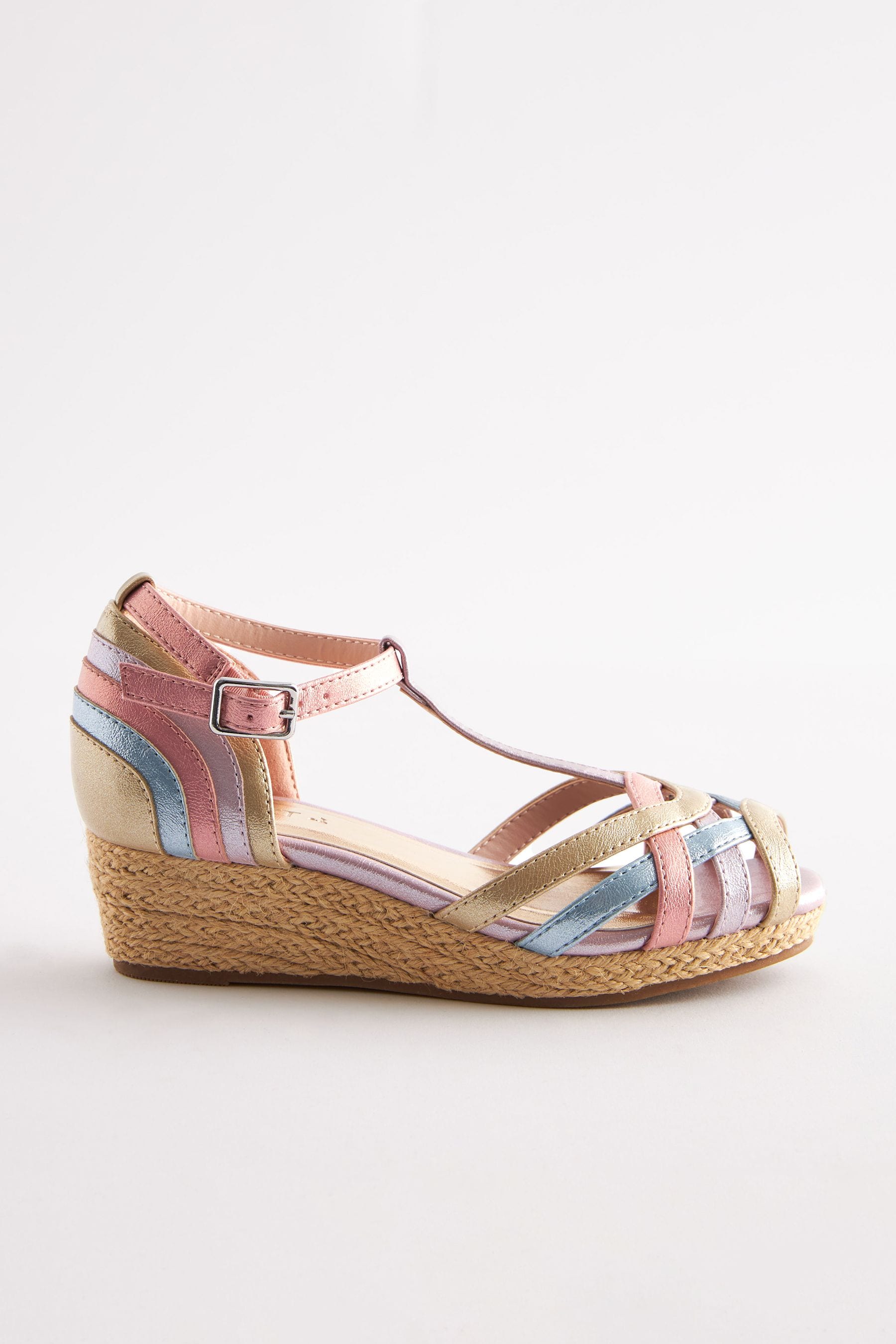 Pastel Rainbow Woven Wedge Ankle Strap Sandals