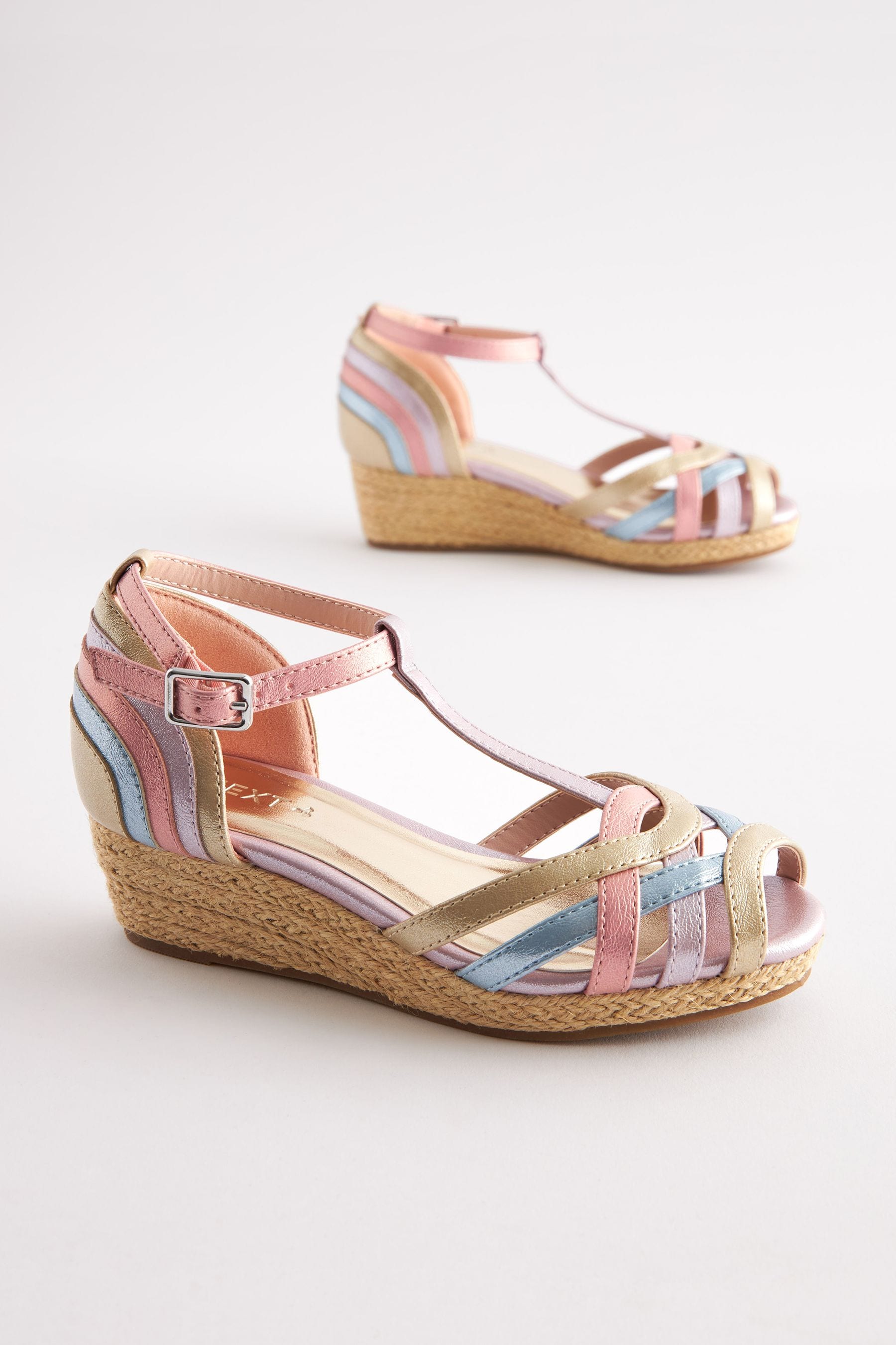 Pastel Rainbow Woven Wedge Ankle Strap Sandals