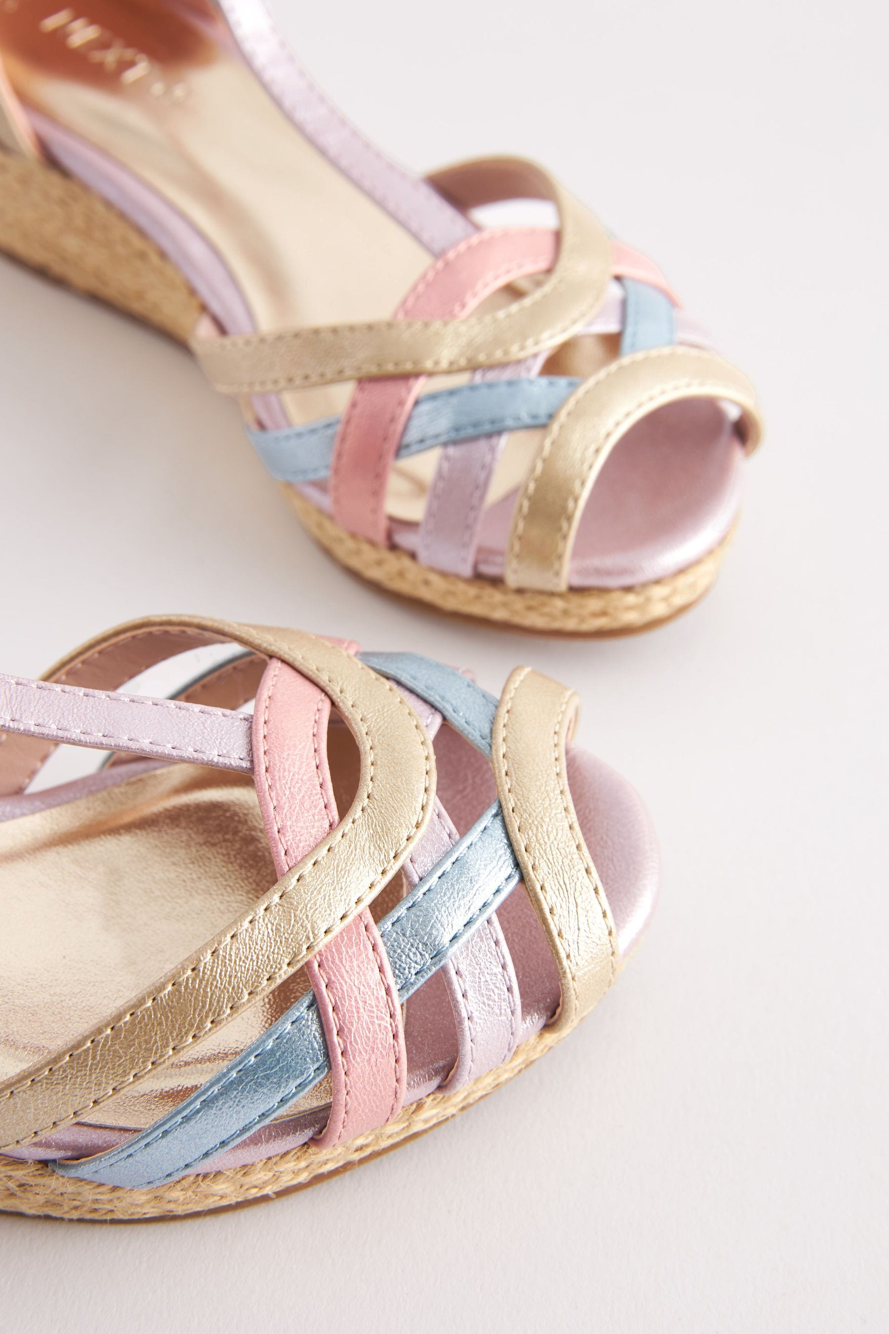 Pastel Rainbow Woven Wedge Ankle Strap Sandals