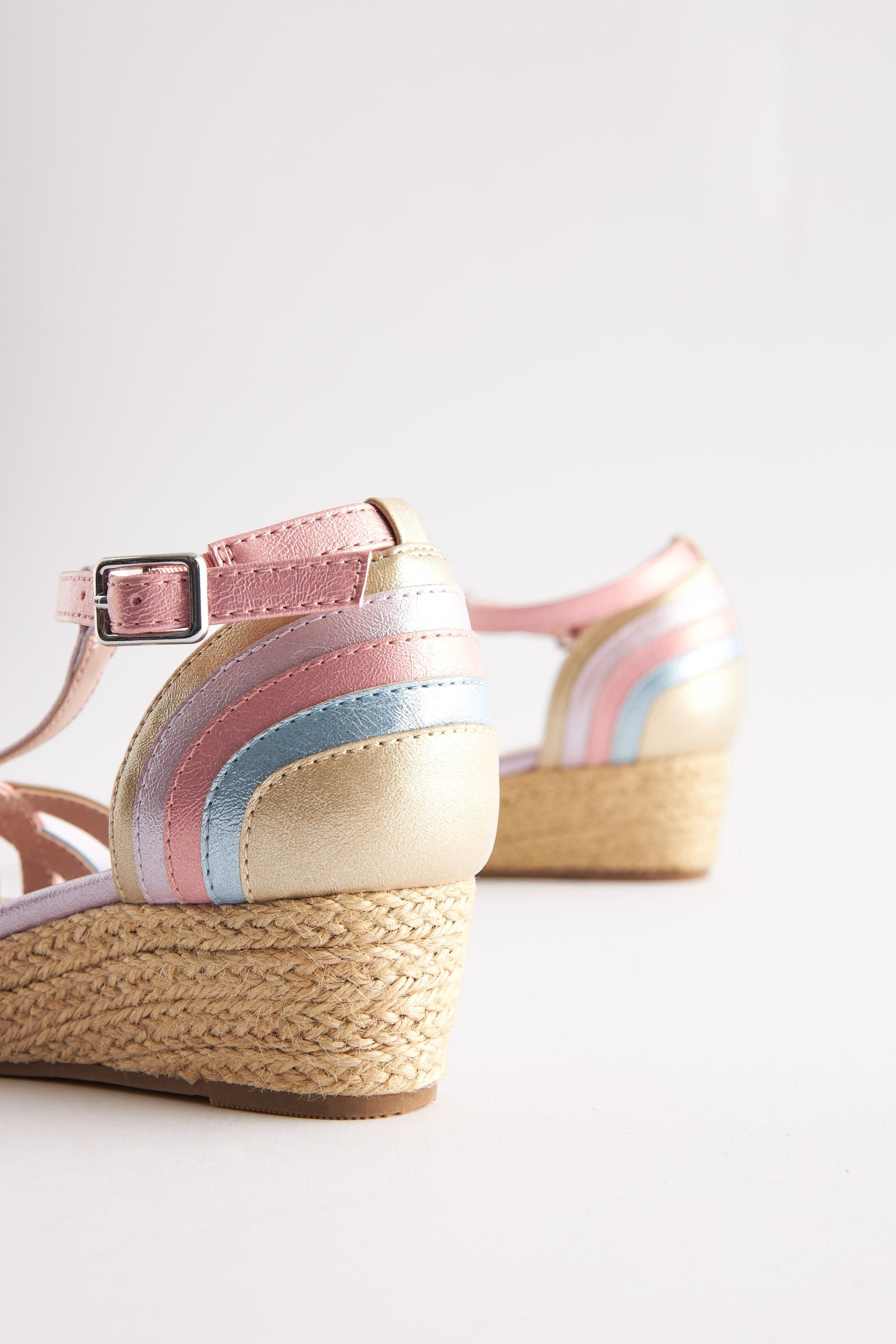 Pastel Rainbow Woven Wedge Ankle Strap Sandals