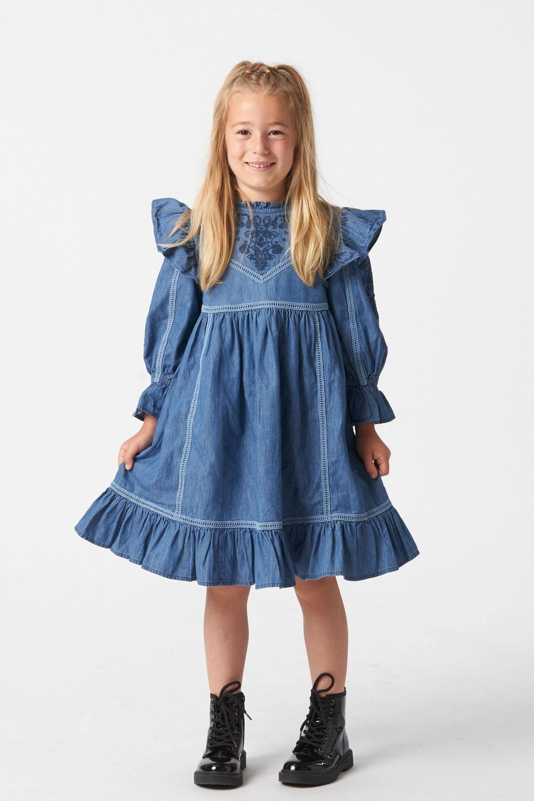 Angel & Rocket Blue Embroidered Yoke Dress