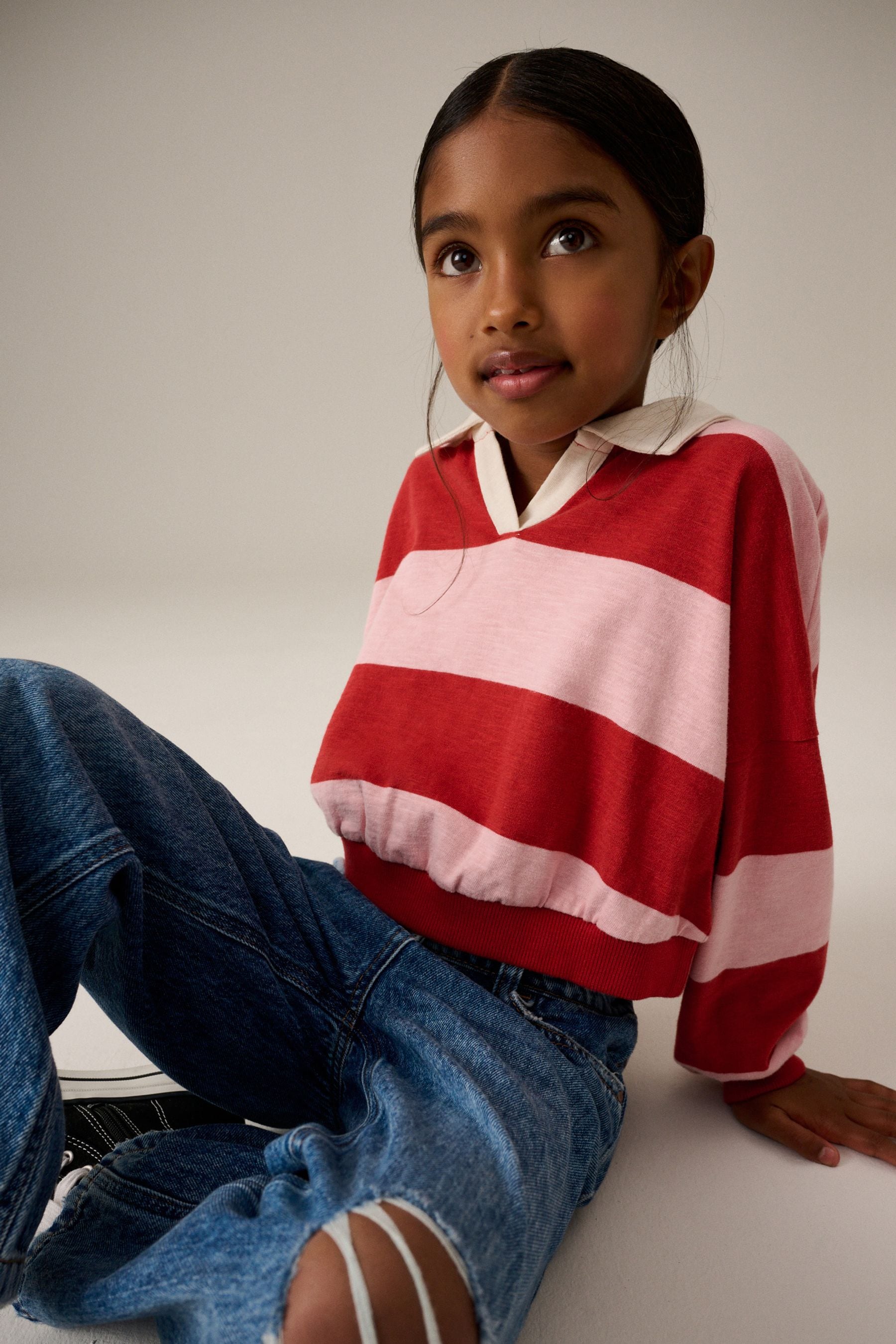 Pink/Red Stripe 100% Cotton Collared Boxy Sweatshirt (3-16yrs)