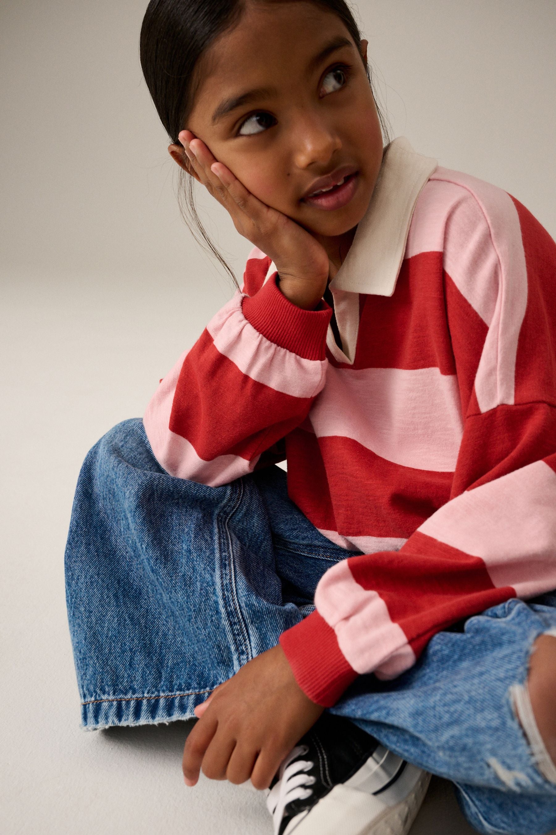 Pink/Red Stripe 100% Cotton Collared Boxy Sweatshirt (3-16yrs)