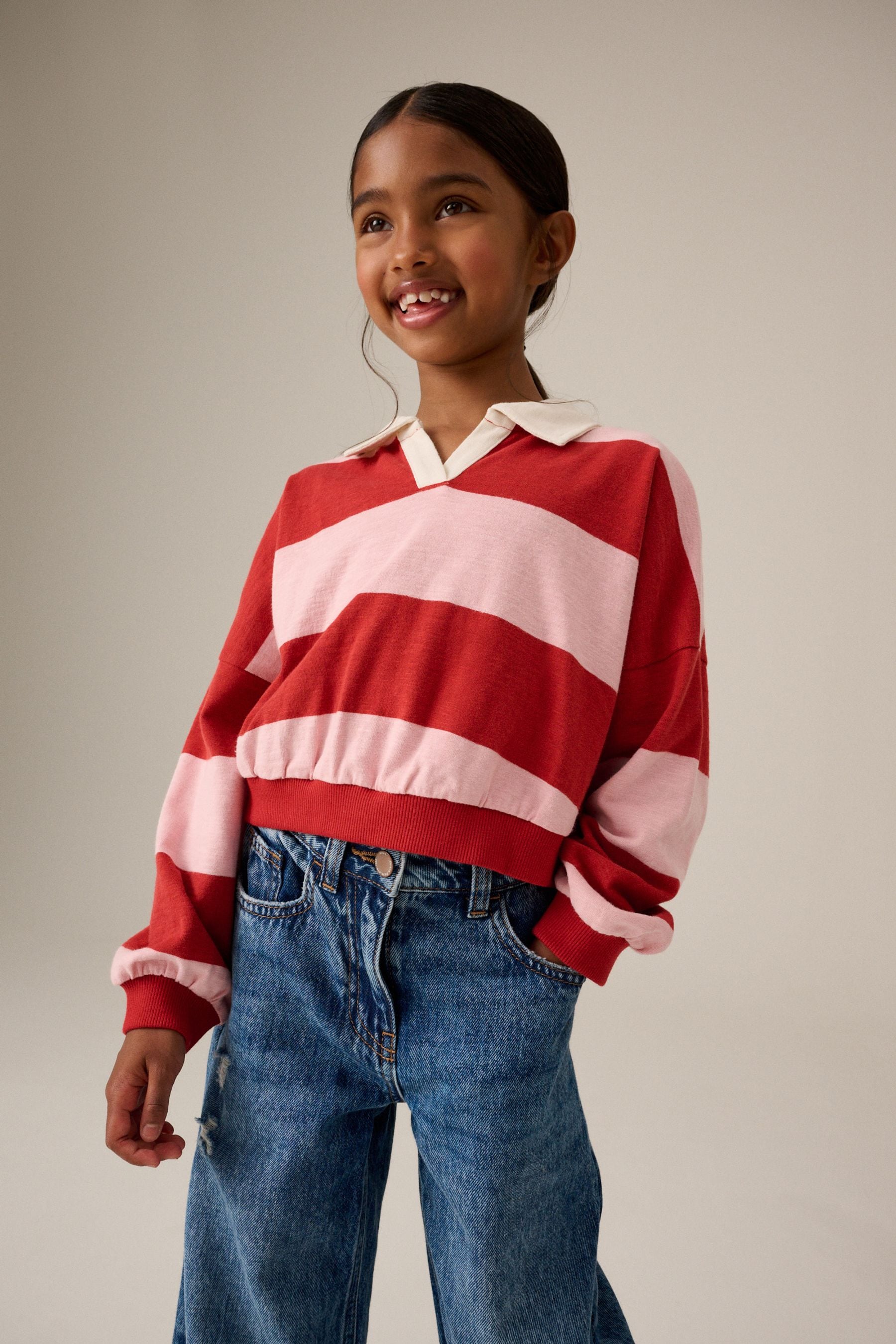 Pink/Red Stripe 100% Cotton Collared Boxy Sweatshirt (3-16yrs)