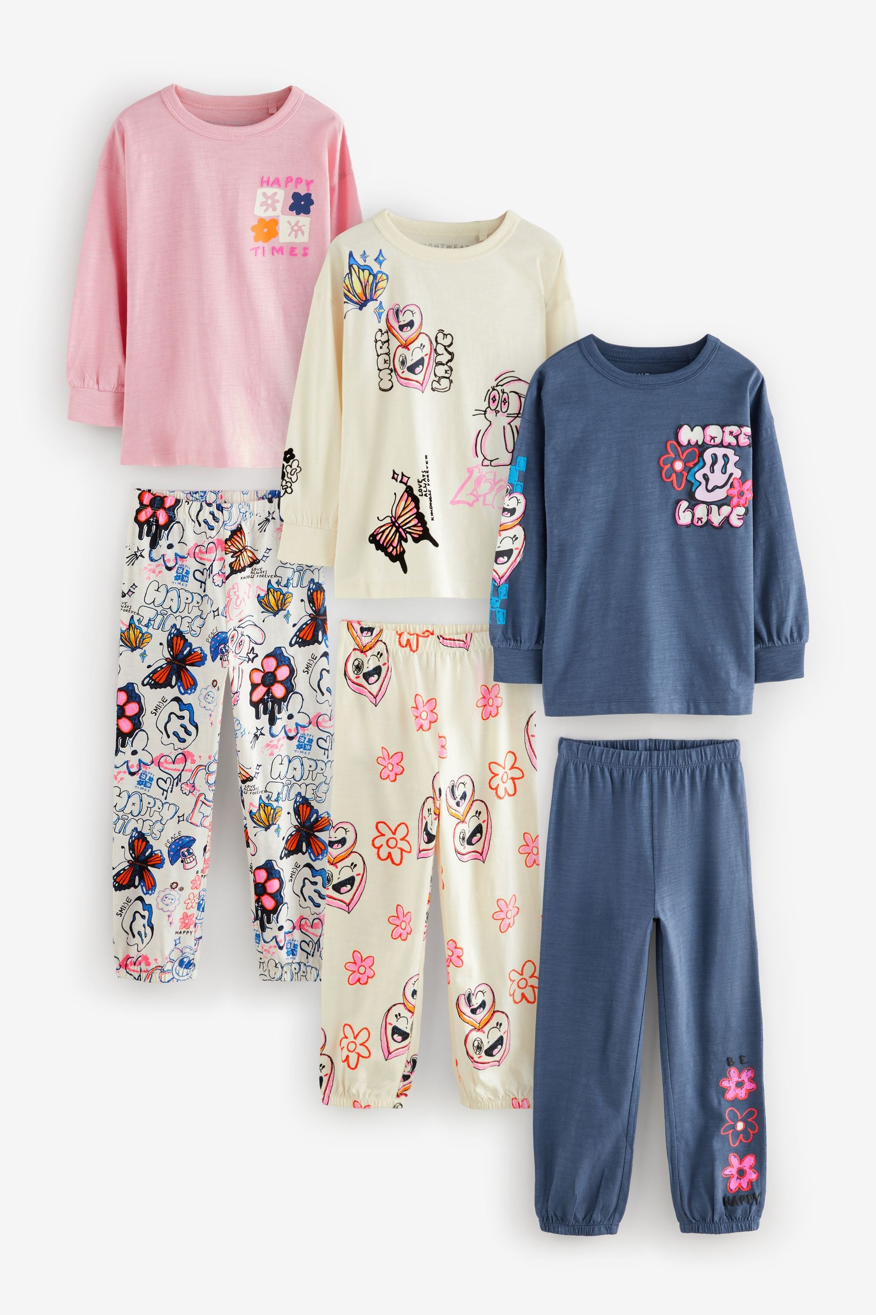 Pink/Cream Pyjamas 3 Pack (3-16yrs)