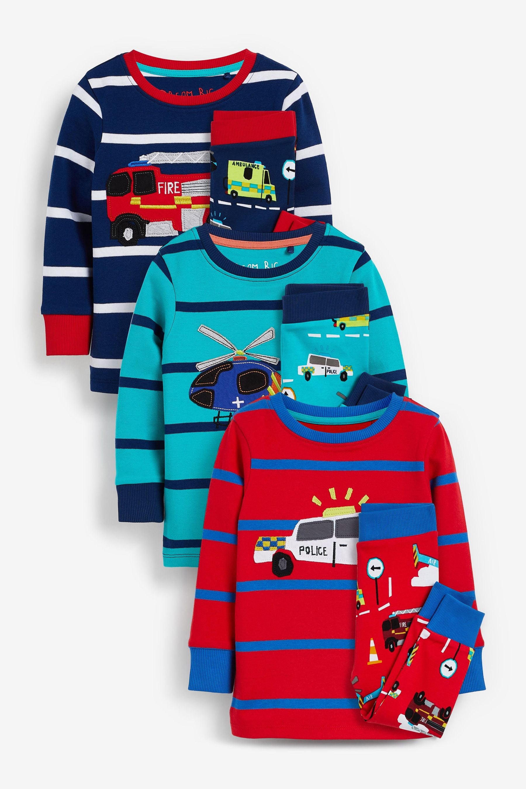 Blue/Red Stripe Vehicles Snuggle Pyjamas 3 Pack (9mths-8yrs)