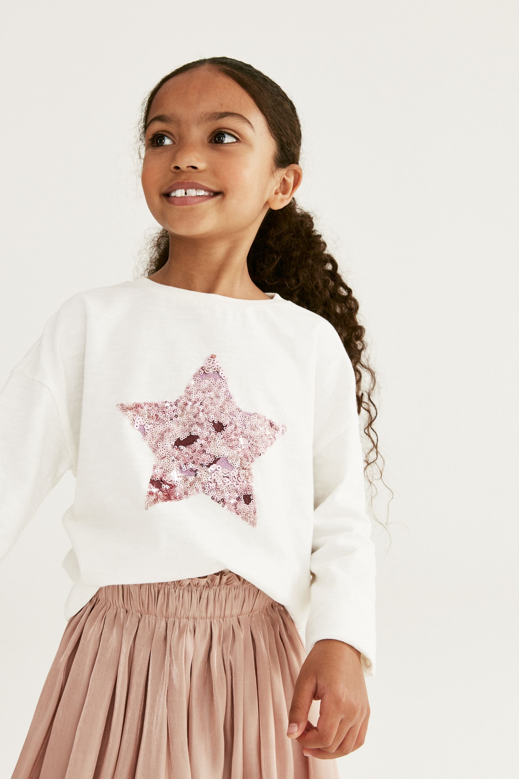 Ecru/Purple Sequin Star Long Sleeve T-Shirt (3-16yrs)